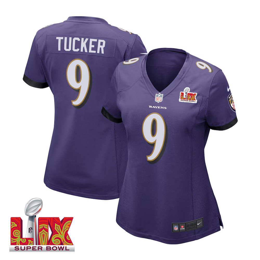 Justin Tucker #9 Baltimore Ravens Super Bowl LIX Women's Jersey - Purple JS1696 Saliibo