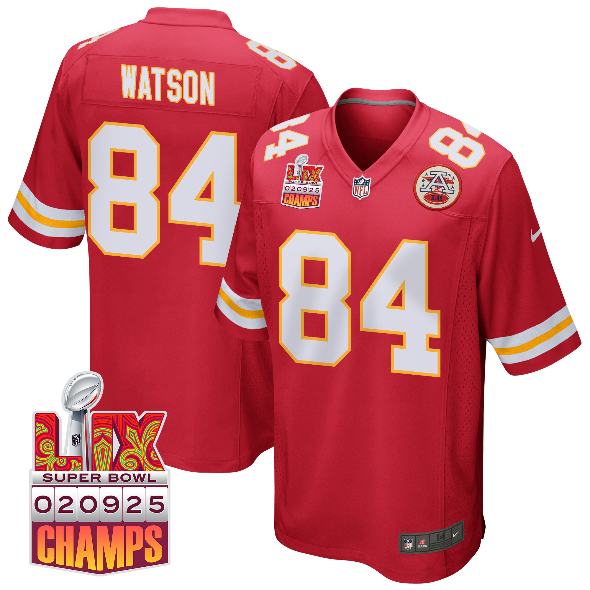 Justin Watson 84 Kansas City Chiefs Super Bowl LIX Champions Patch Game Men Jersey - Red JS7514 Saliibo
