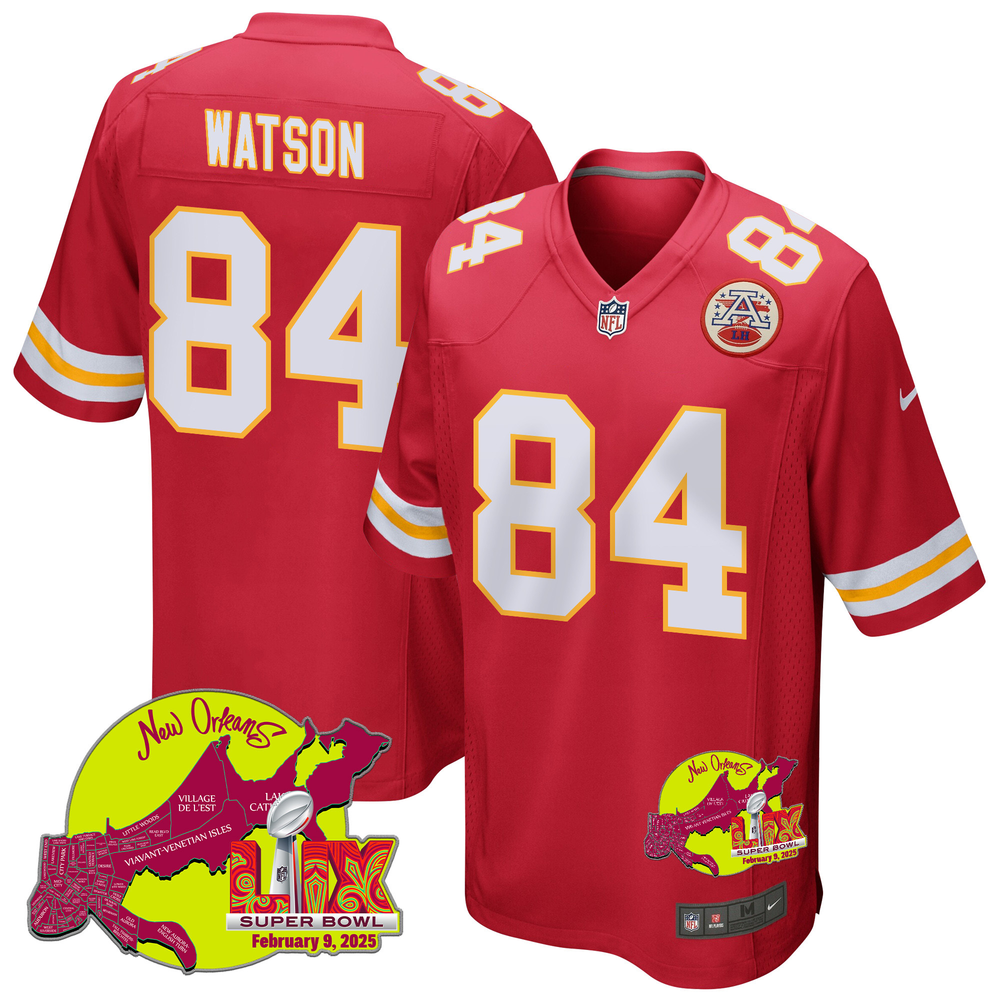 Justin Watson 84 Kansas City Chiefs Super Bowl LIX New Orleans Patch Game Men Jersey - Red JS4462 Saliibo