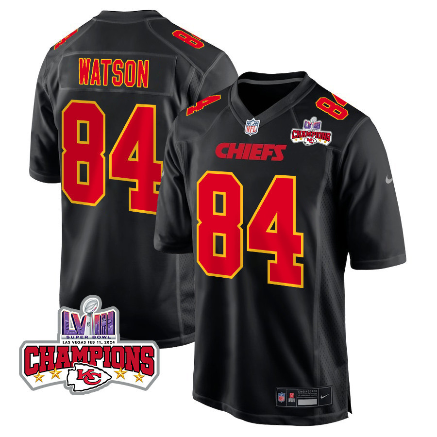 Justin Watson 84 Kansas City Chiefs Super Bowl LVIII Champions 4 Stars Patch Fashion Game Men Jersey - Carbon Black JS9077 Saliibo