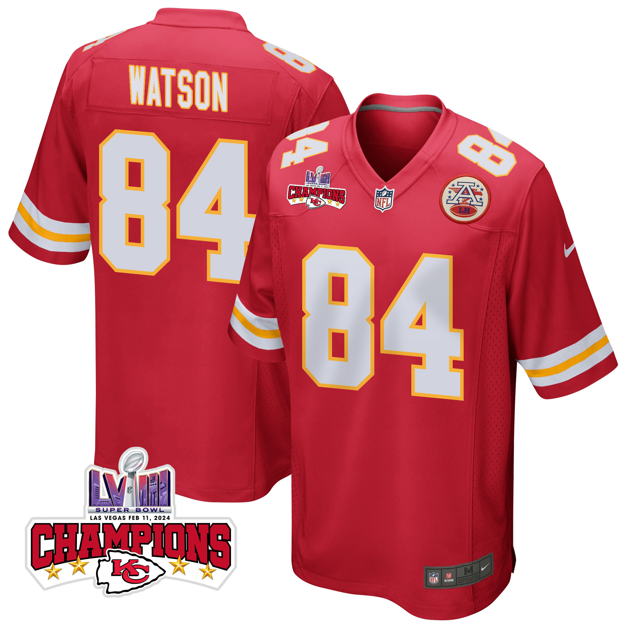 Justin Watson 84 Kansas City Chiefs Super Bowl LVIII Champions 4 Stars Patch Game Men Jersey - Red JS2639 Saliibo