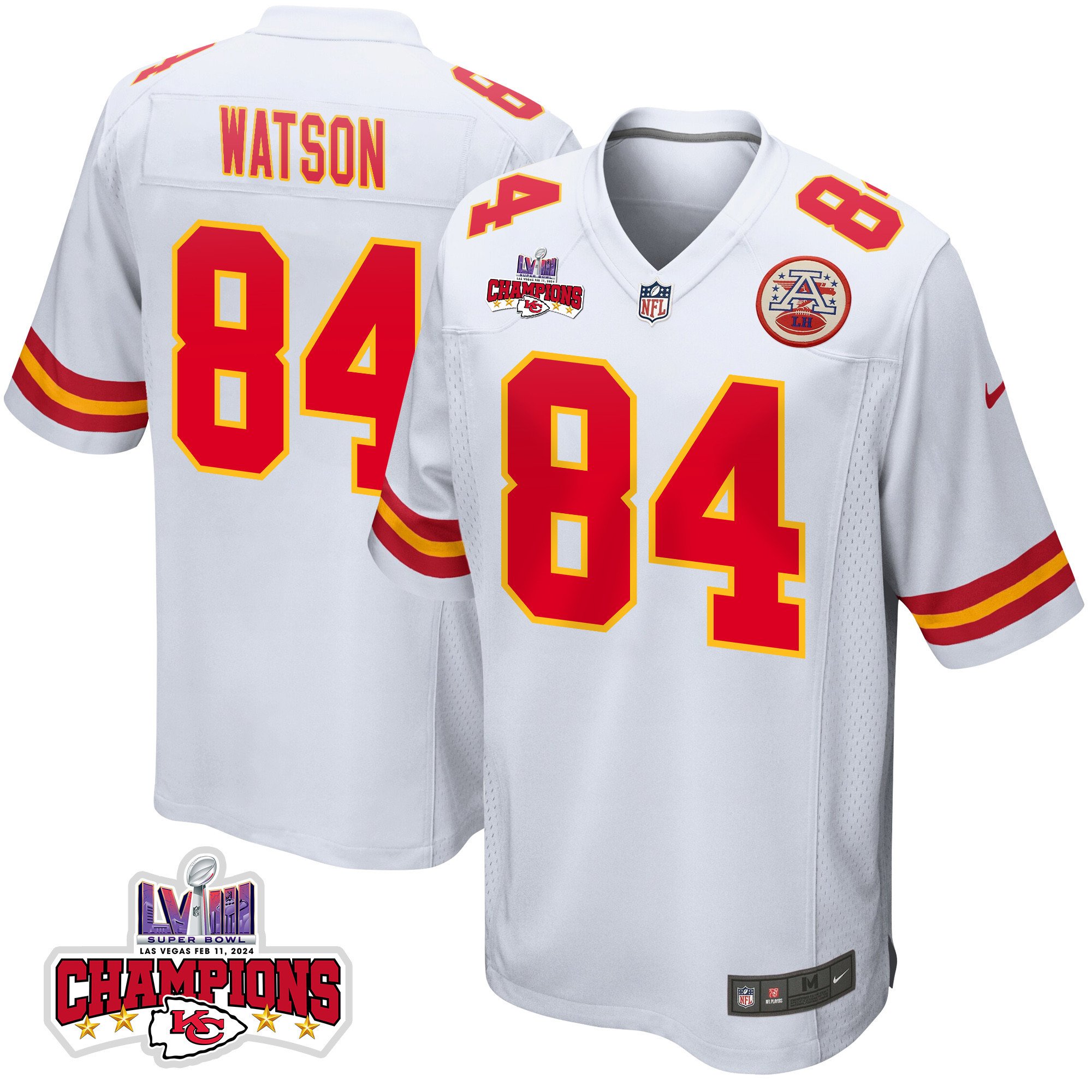 Justin Watson 84 Kansas City Chiefs Super Bowl LVIII Champions 4 Stars Patch Game Men Jersey - White JS6316 Saliibo