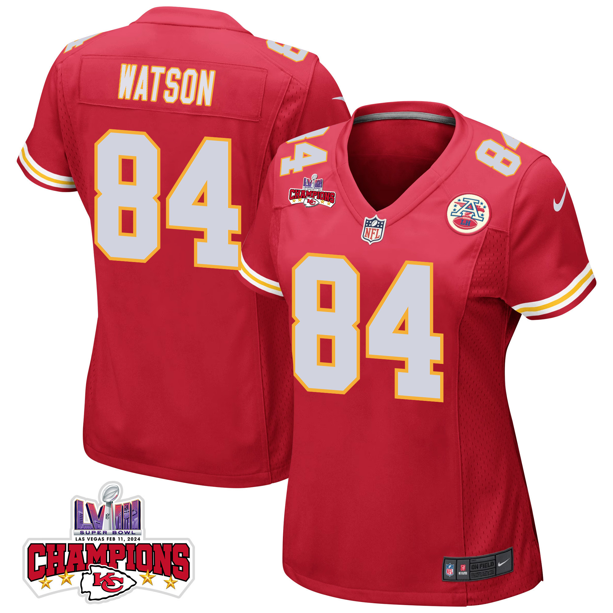 Justin Watson 84 Kansas City Chiefs Super Bowl LVIII Champions 4 Stars Patch Game Women Jersey - Red JS9859 Saliibo