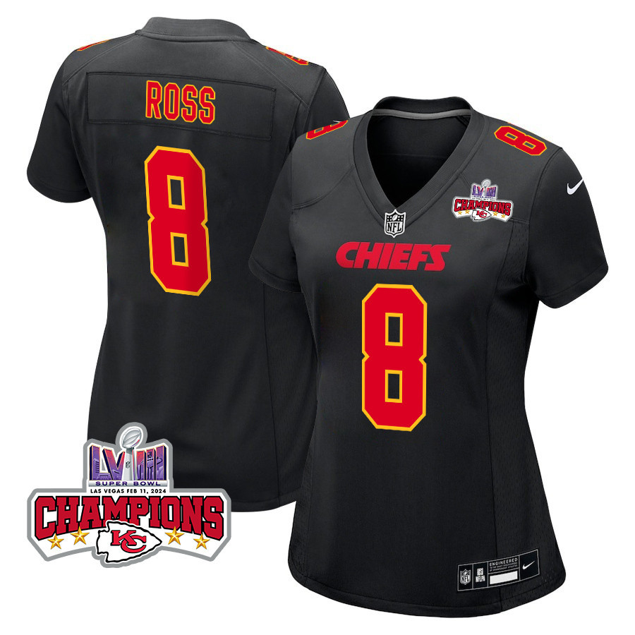Justyn Ross 8 Kansas City Chiefs Super Bowl LVIII Champions 4 Stars Patch Fashion Game Women Jersey - Carbon Black JS1136 Saliibo