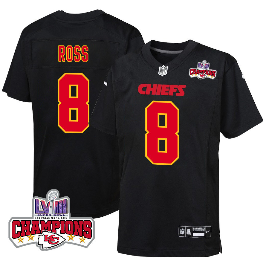 Justyn Ross 8 Kansas City Chiefs Super Bowl LVIII Champions 4 Stars Patch Fashion Game YOUTH Jersey - Carbon Black JS9445 Saliibo