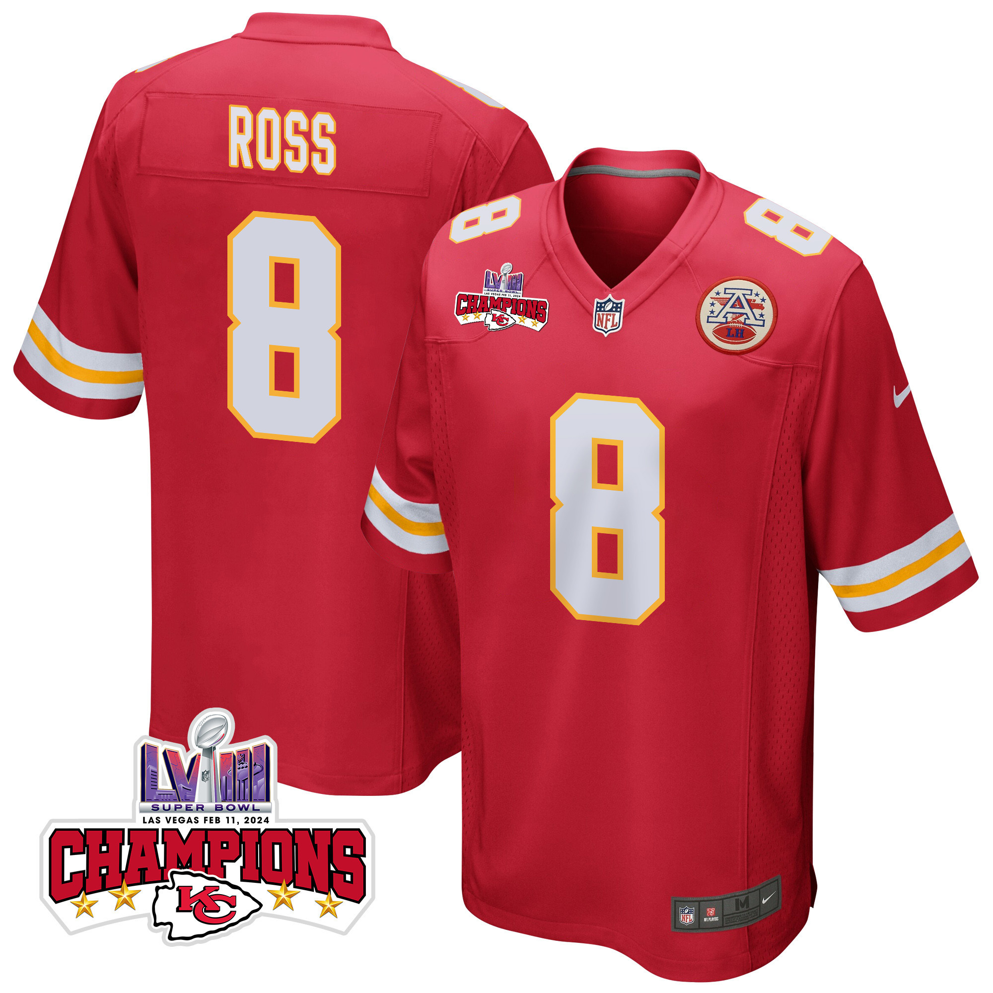 Justyn Ross 8 Kansas City Chiefs Super Bowl LVIII Champions 4 Stars Patch Game Men Jersey - Red JS4938 Saliibo