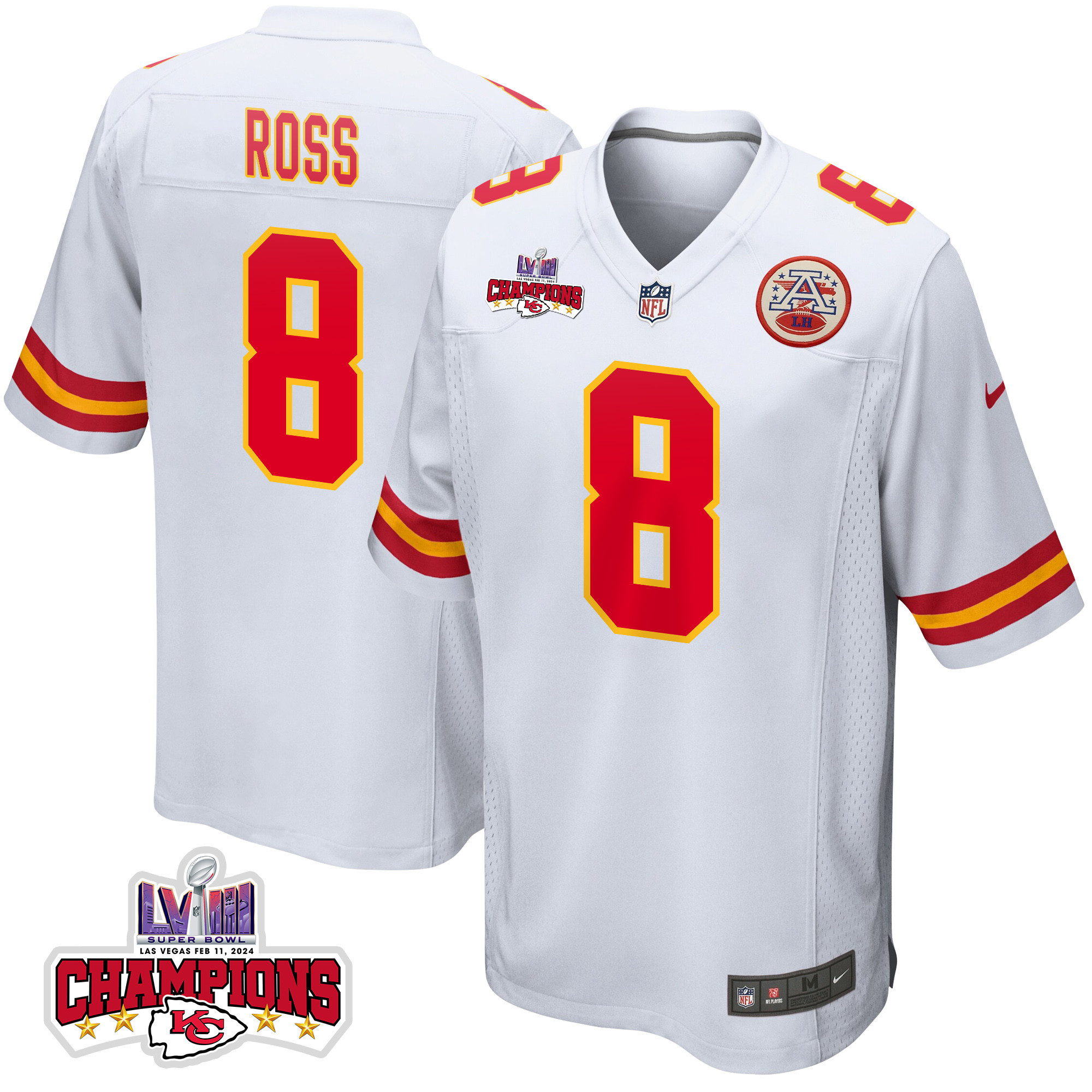 Justyn Ross 8 Kansas City Chiefs Super Bowl LVIII Champions 4 Stars Patch Game Men Jersey - White JS6601 Saliibo