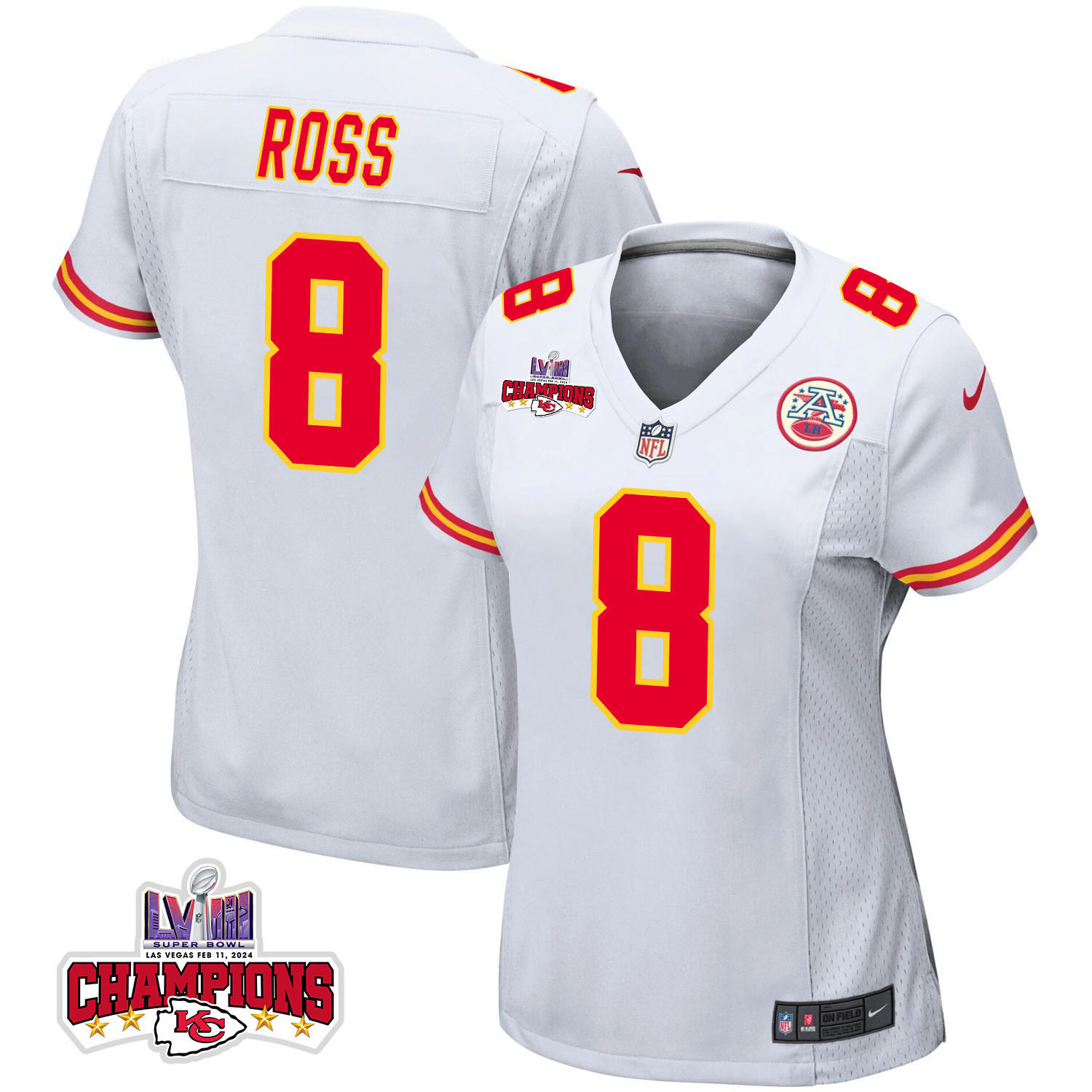 Justyn Ross 8 Kansas City Chiefs Super Bowl LVIII Champions 4 Stars Patch Game Women Jersey - White JS8048 Saliibo
