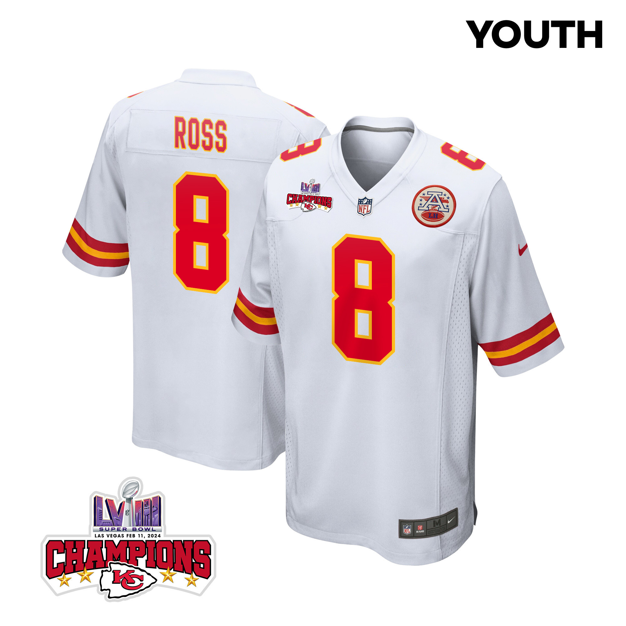 Justyn Ross 8 Kansas City Chiefs Super Bowl LVIII Champions 4 Stars Patch Game YOUTH Jersey - White JS2529 Saliibo