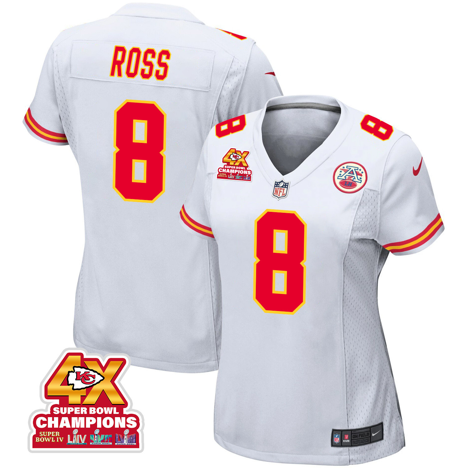 Justyn Ross 8 Kansas City Chiefs Super Bowl LVIII Champions 4X Game Women Jersey - White JS1372 Saliibo