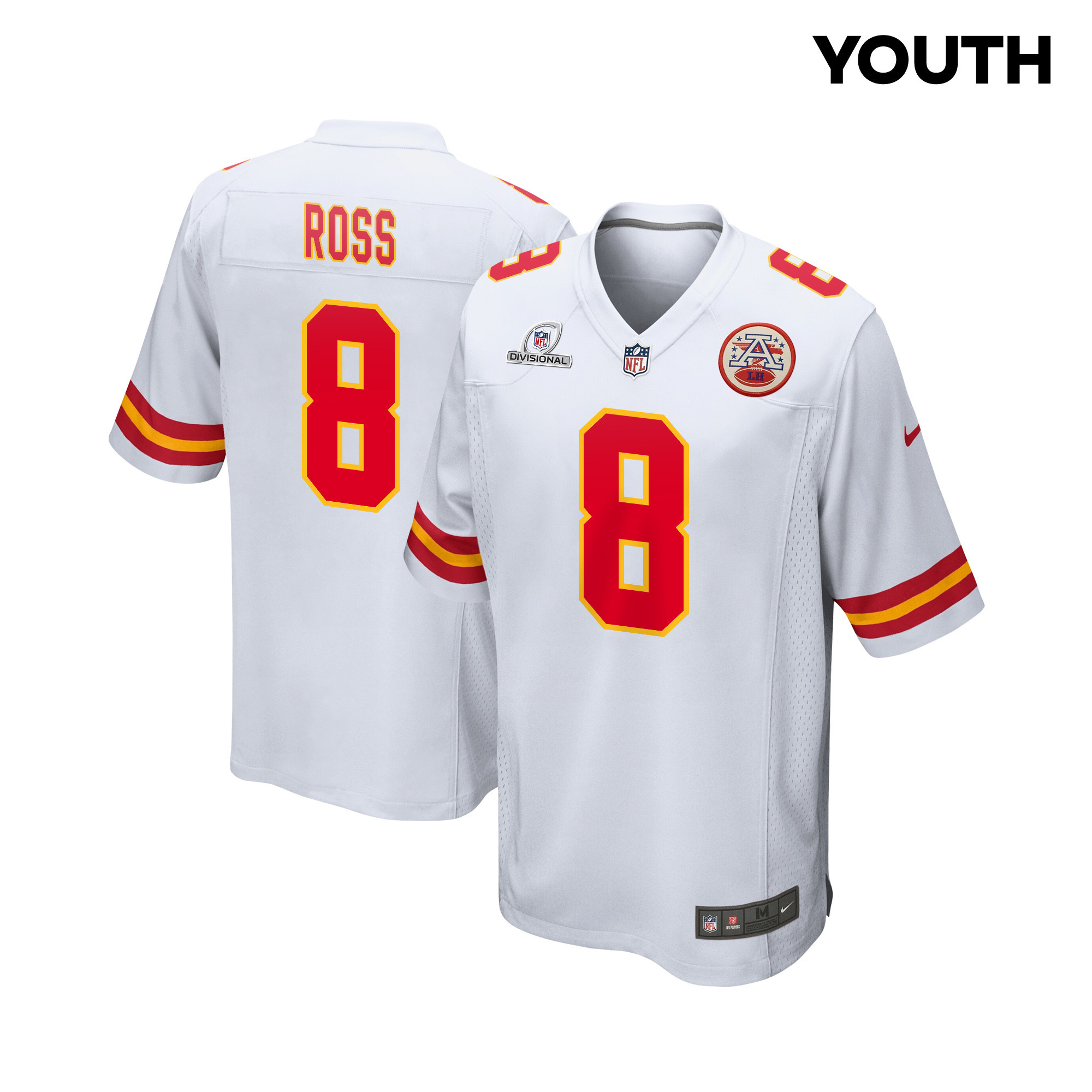 Justyn Ross 8 Kansas City Chiefs Super Bowl LVIII Patch Game YOUTH Jersey - White JS1610 Saliibo