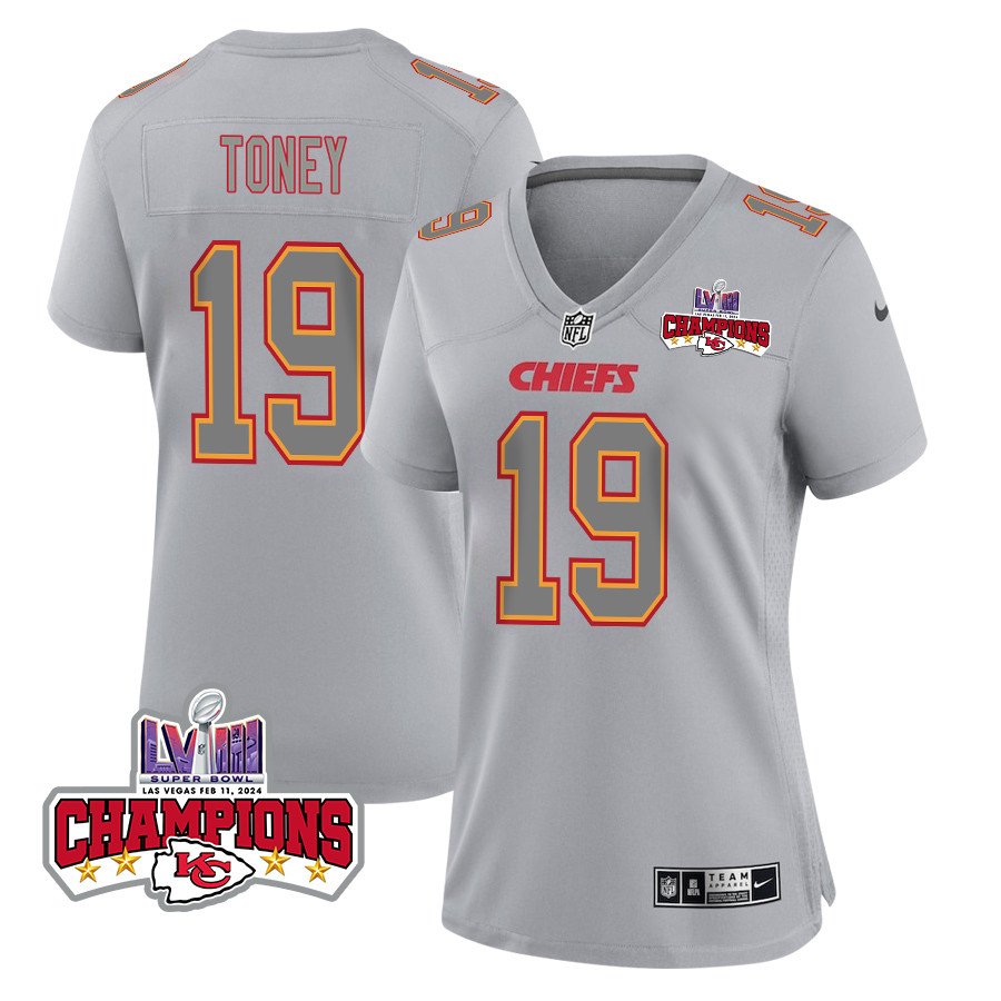 Kadarius Toney 19 Kansas City Chiefs Super Bowl LVIII Champions 4 Stars Patch Atmosphere Fashion Game Women Jersey - Gray JS1885 Saliibo