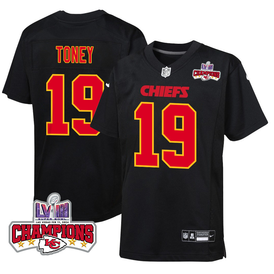 Kadarius Toney 19 Kansas City Chiefs Super Bowl LVIII Champions 4 Stars Patch Fashion Game YOUTH Jersey - Carbon Black JS7778 Saliibo