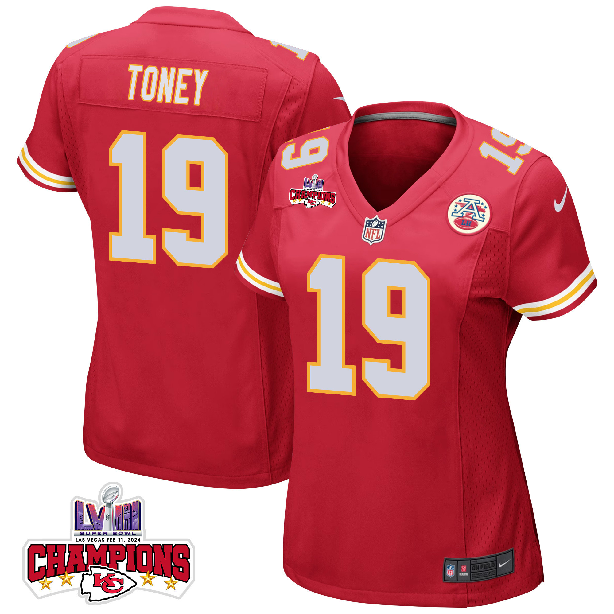 Kadarius Toney 19 Kansas City Chiefs Super Bowl LVIII Champions 4 Stars Patch Game Women Jersey - Red JS4698 Saliibo