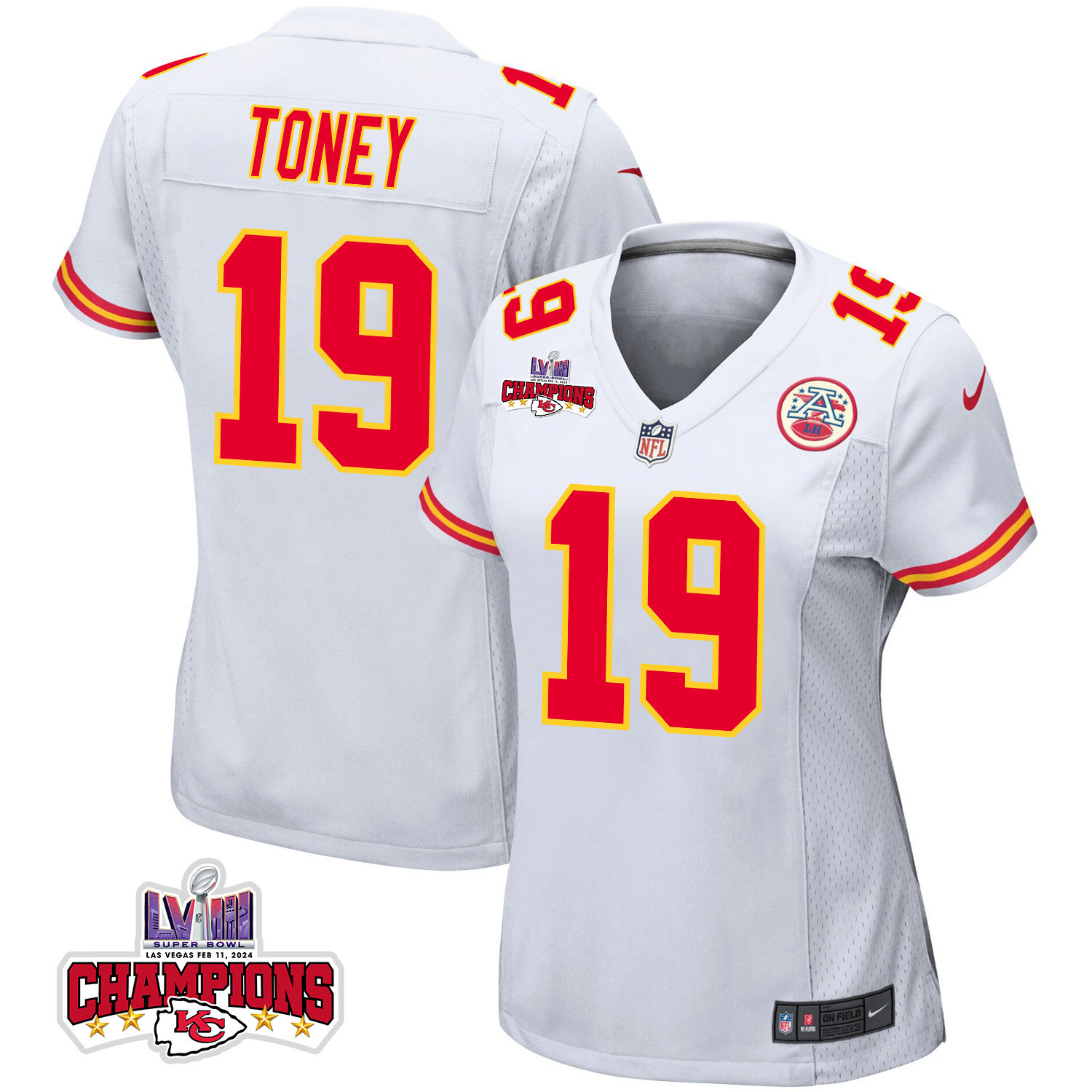 Kadarius Toney 19 Kansas City Chiefs Super Bowl LVIII Champions 4 Stars Patch Game Women Jersey - White JS6282 Saliibo