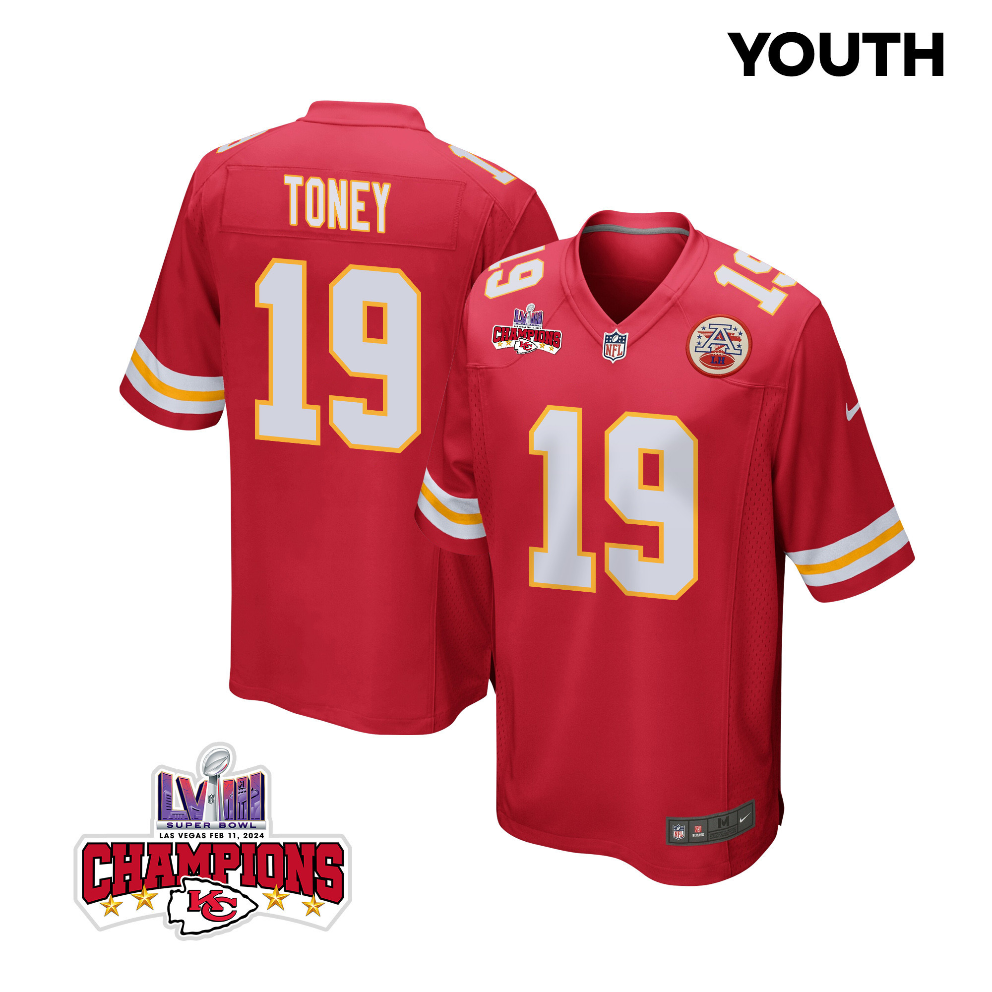 Kadarius Toney 19 Kansas City Chiefs Super Bowl LVIII Champions 4 Stars Patch Game YOUTH Jersey - Red JS4837 Saliibo