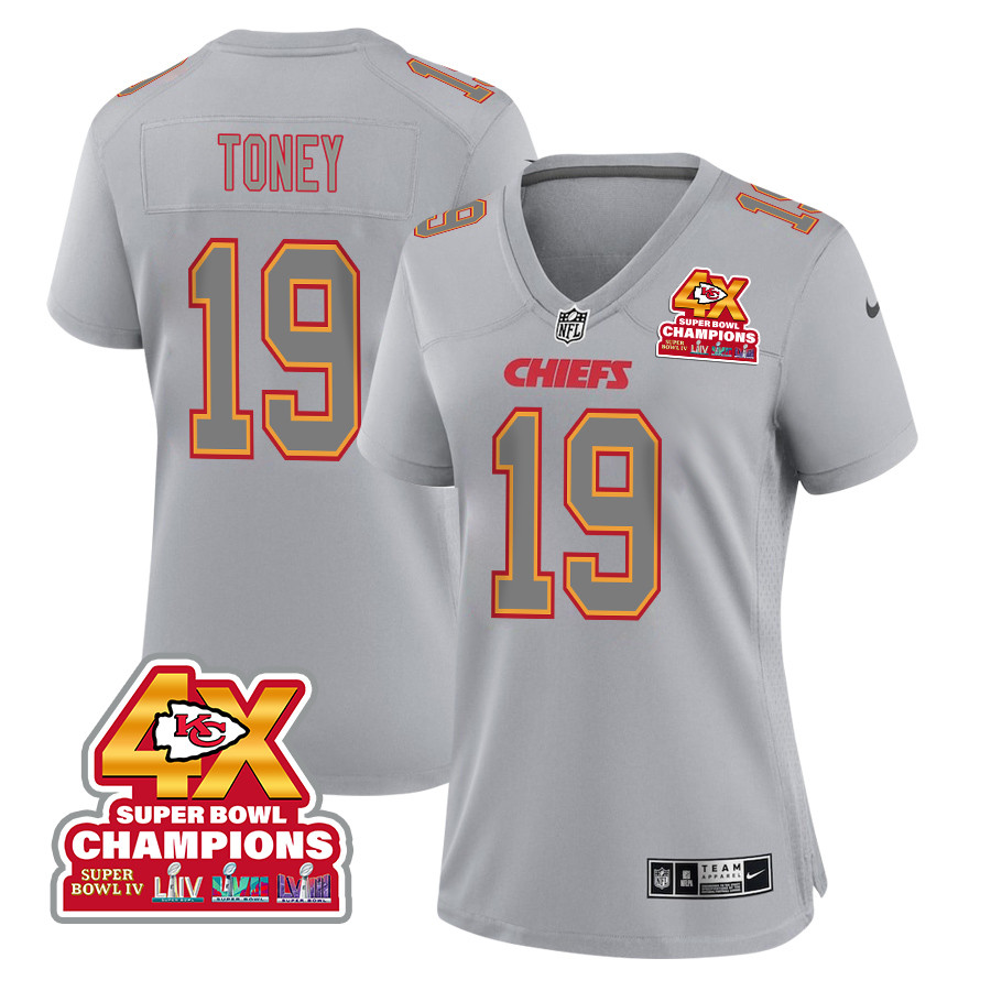 Kadarius Toney 19 Kansas City Chiefs Super Bowl LVIII Champions 4X Atmosphere Fashion Game Women Jersey - Gray JS8060 Saliibo