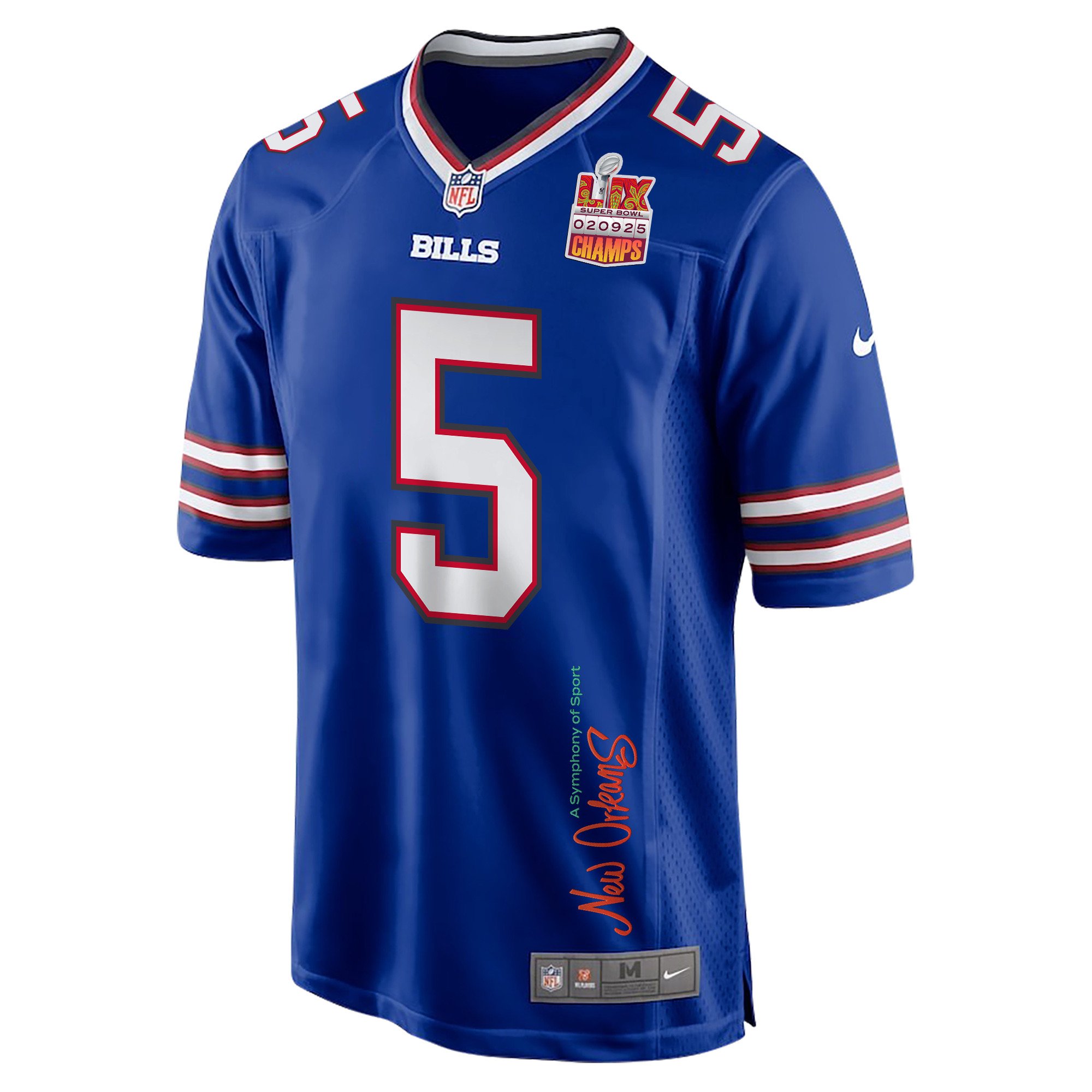 Kaiir Elam 5 Buffalo Bills Super Bowl LIX Champions Patch 'New Orleans - A Symphony of Sport' EMBROIDERED Game Men Jersey - Royal JS9391 Saliibo - Image 3