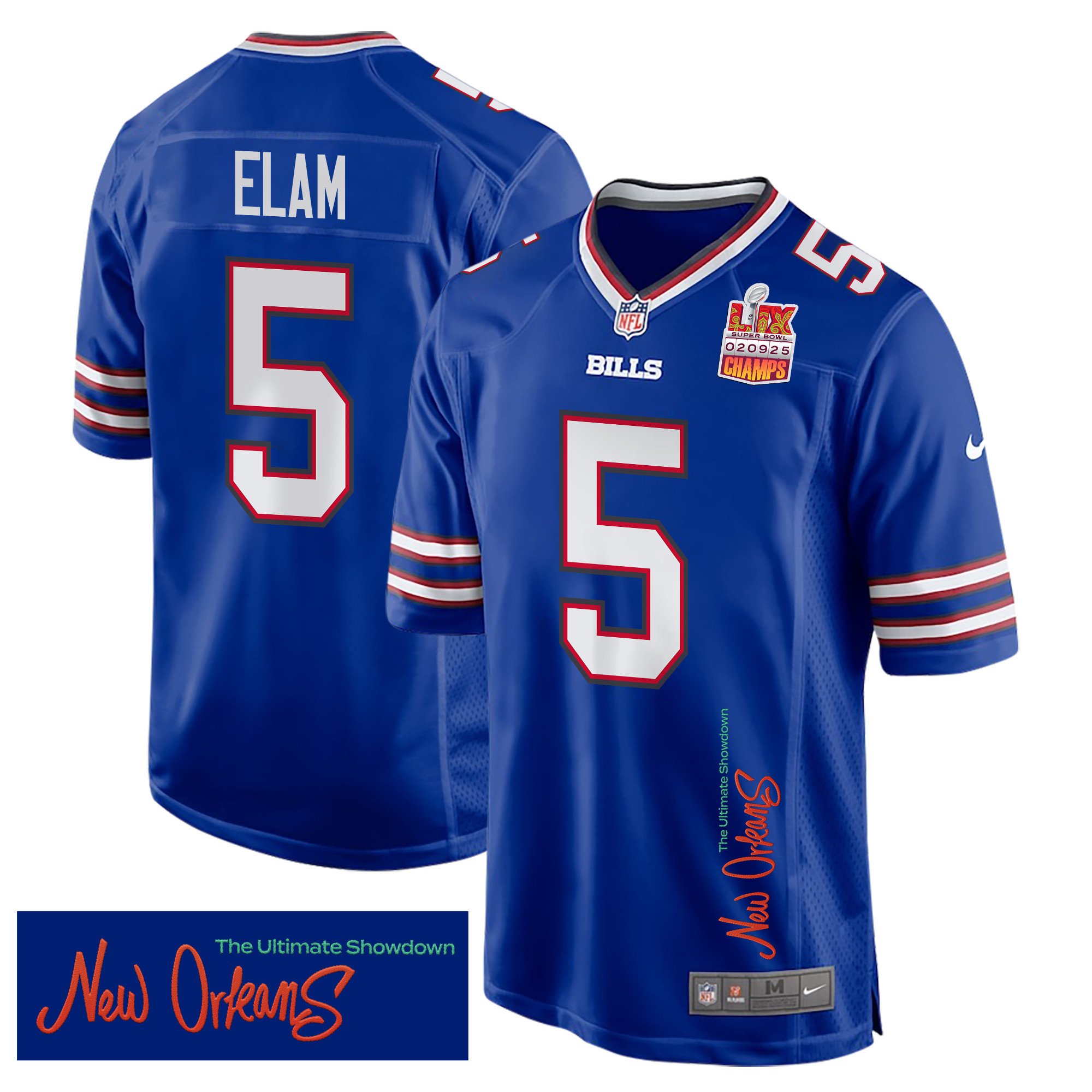 Kaiir Elam 5 Buffalo Bills Super Bowl LIX Champions Patch 'New Orleans - The Ultimate Showdown' EMBROIDERED Game Men Jersey - Royal JS4687 Saliibo