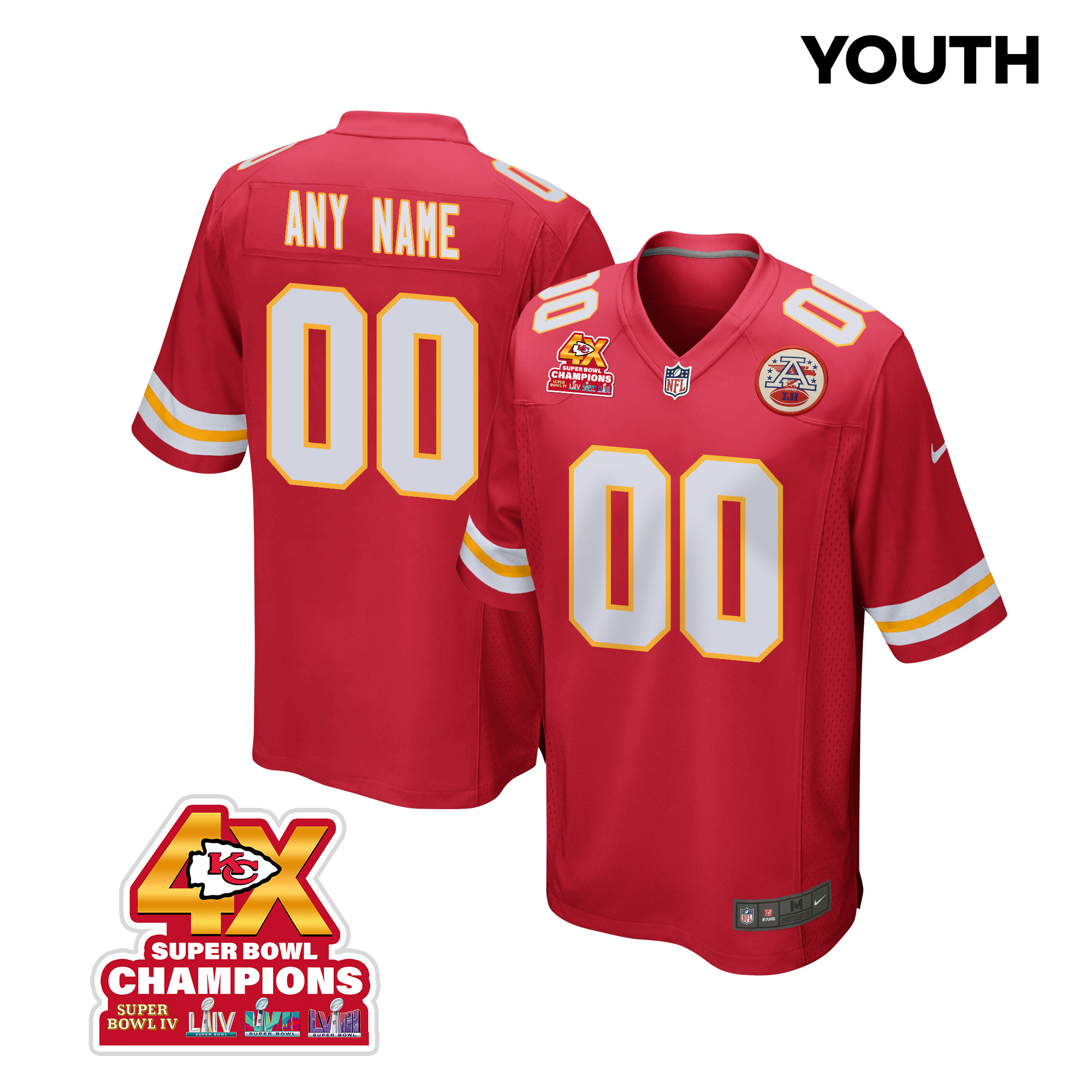 Kansas City Chiefs Super Bowl LVIII Champions 4X Game Custom YOUTH Jersey - Red JS2434 Saliibo