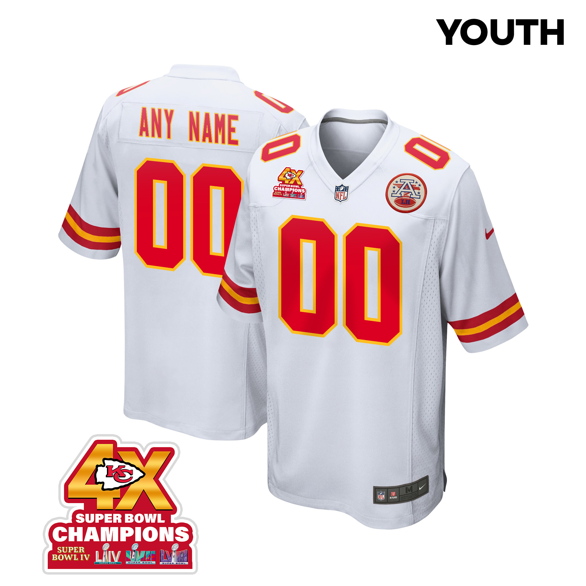 Kansas City Chiefs Super Bowl LVIII Champions 4X Game Custom YOUTH Jersey - White JS6274 Saliibo