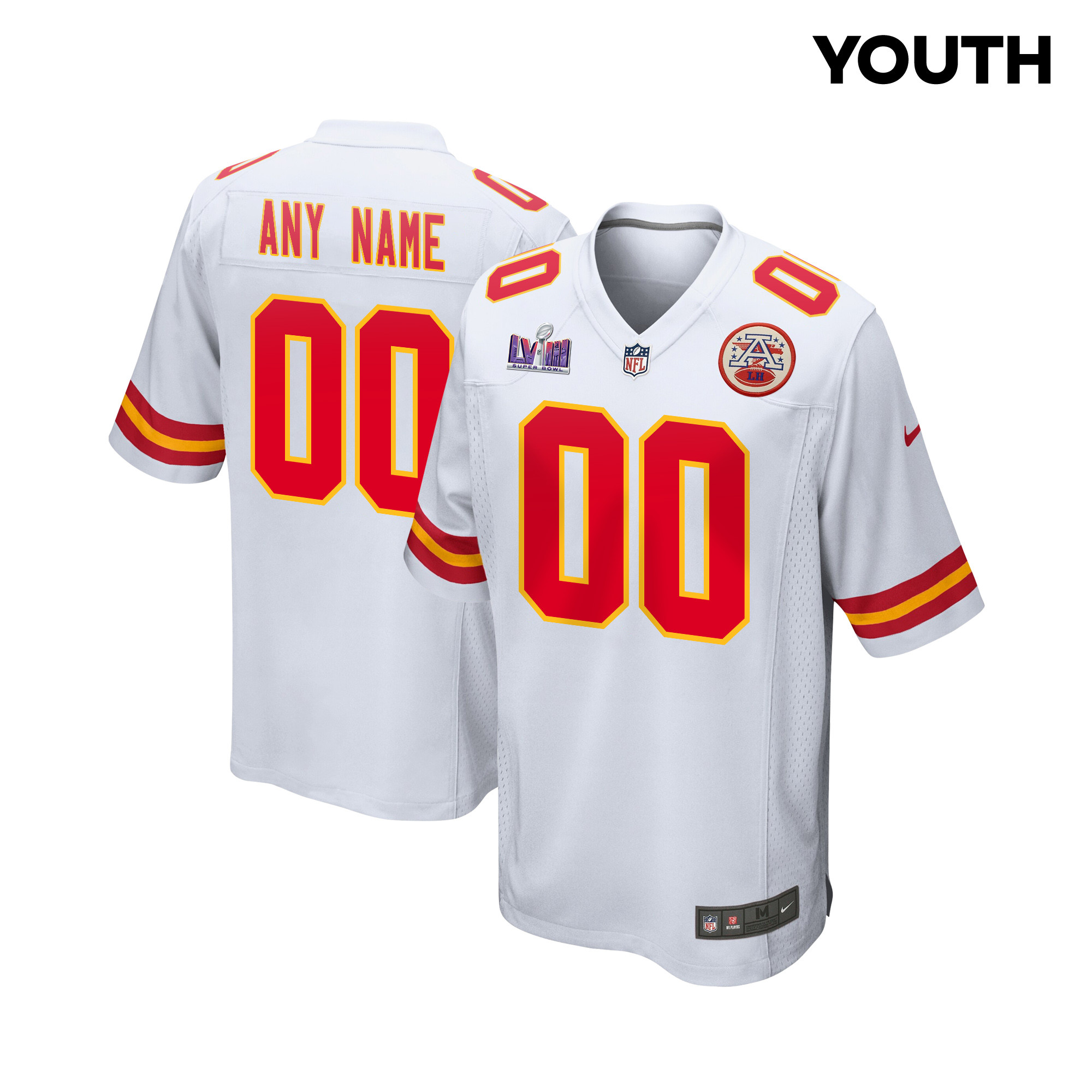 Kansas City Chiefs Super Bowl LVIII Patch Game YOUTH Custom Jersey - White JS9642 Saliibo