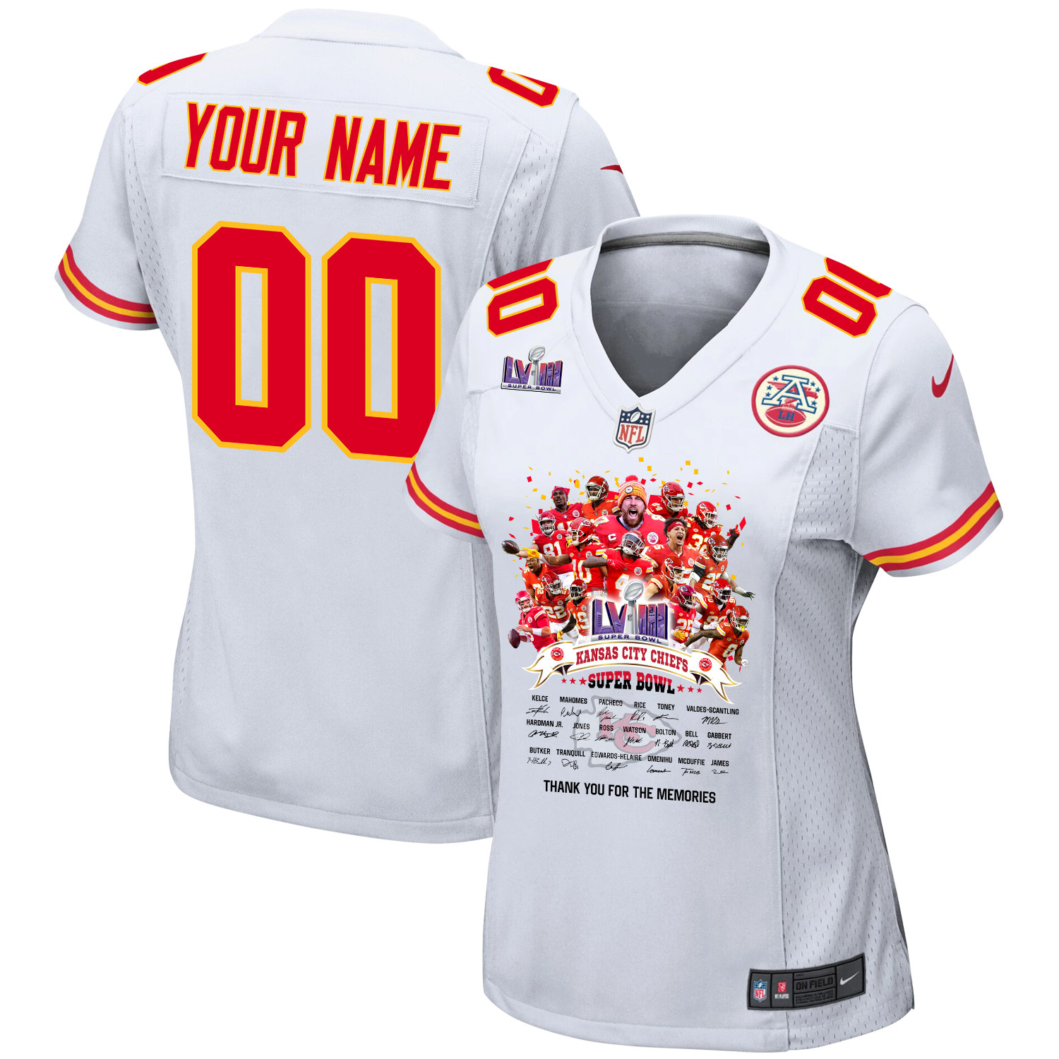 Kansas City Chiefs Super Bowl LVIII Thanks For Memories Game Custom Women Jersey - White JS4476 Saliibo