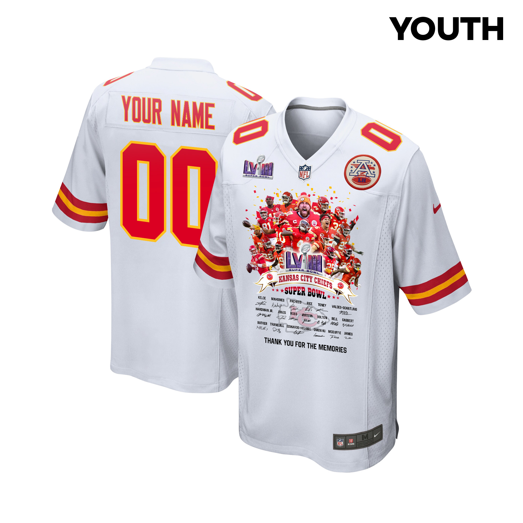 Kansas City Chiefs Super Bowl LVIII Thanks For Memories Game Custom YOUTH Jersey - White JS4019 Saliibo