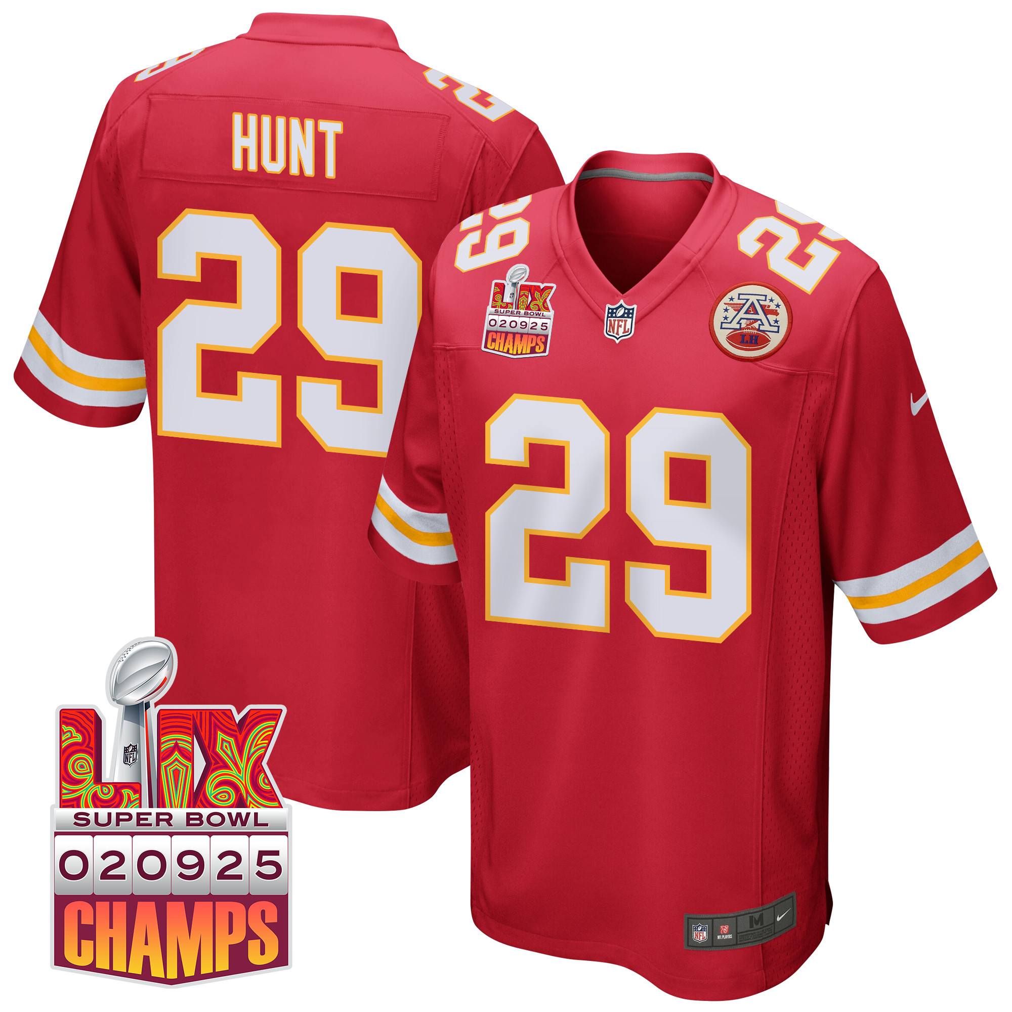 Kareem Hunt 29 Kansas City Chiefs Super Bowl LIX Champions Patch Game Men Jersey - Red JS7081 Saliibo