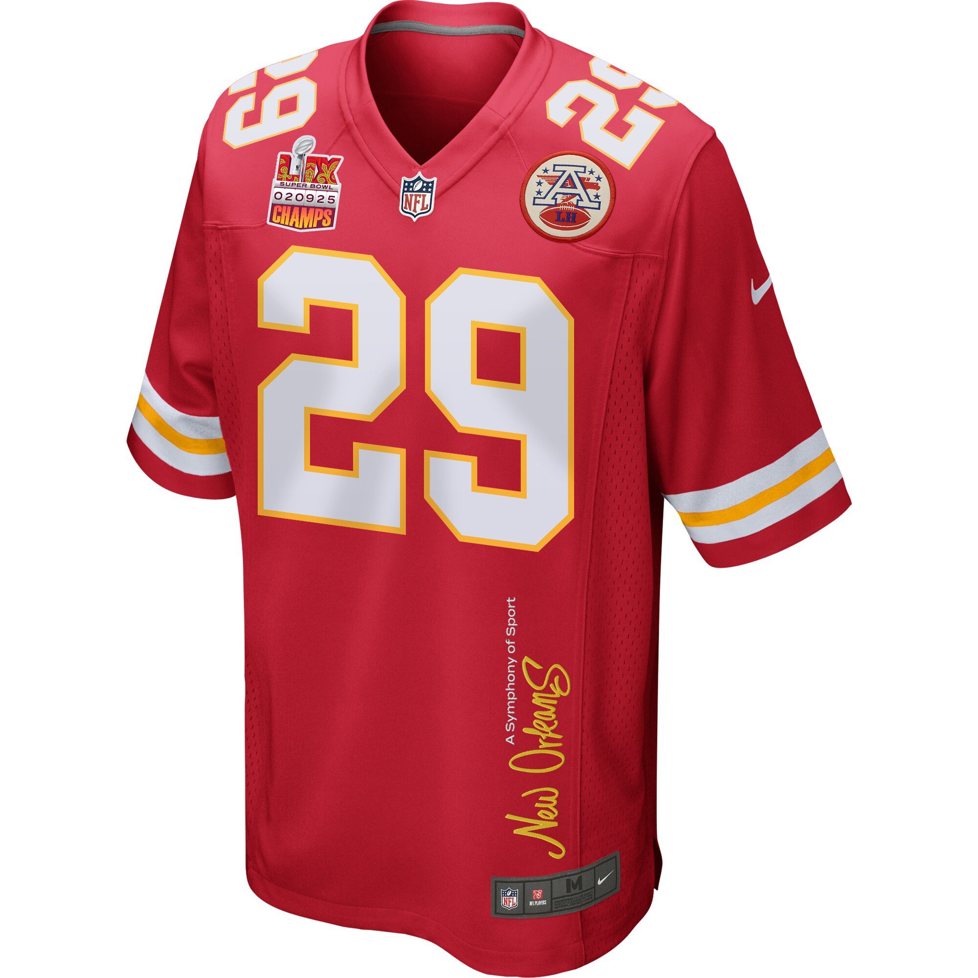Kareem Hunt 29 Kansas City Chiefs Super Bowl LIX Champions Patch 'New Orleans - A Symphony of Sport' EMBROIDERED Game Men Jersey - Red JS4384 Saliibo - Image 3