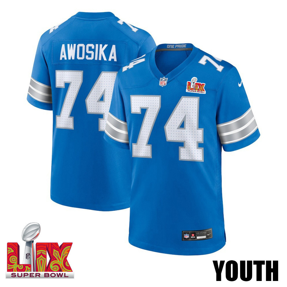 Kayode Awosika #74 Detroit Lions Super Bowl LIX YOUTH Jersey - Blue JS3935 Saliibo
