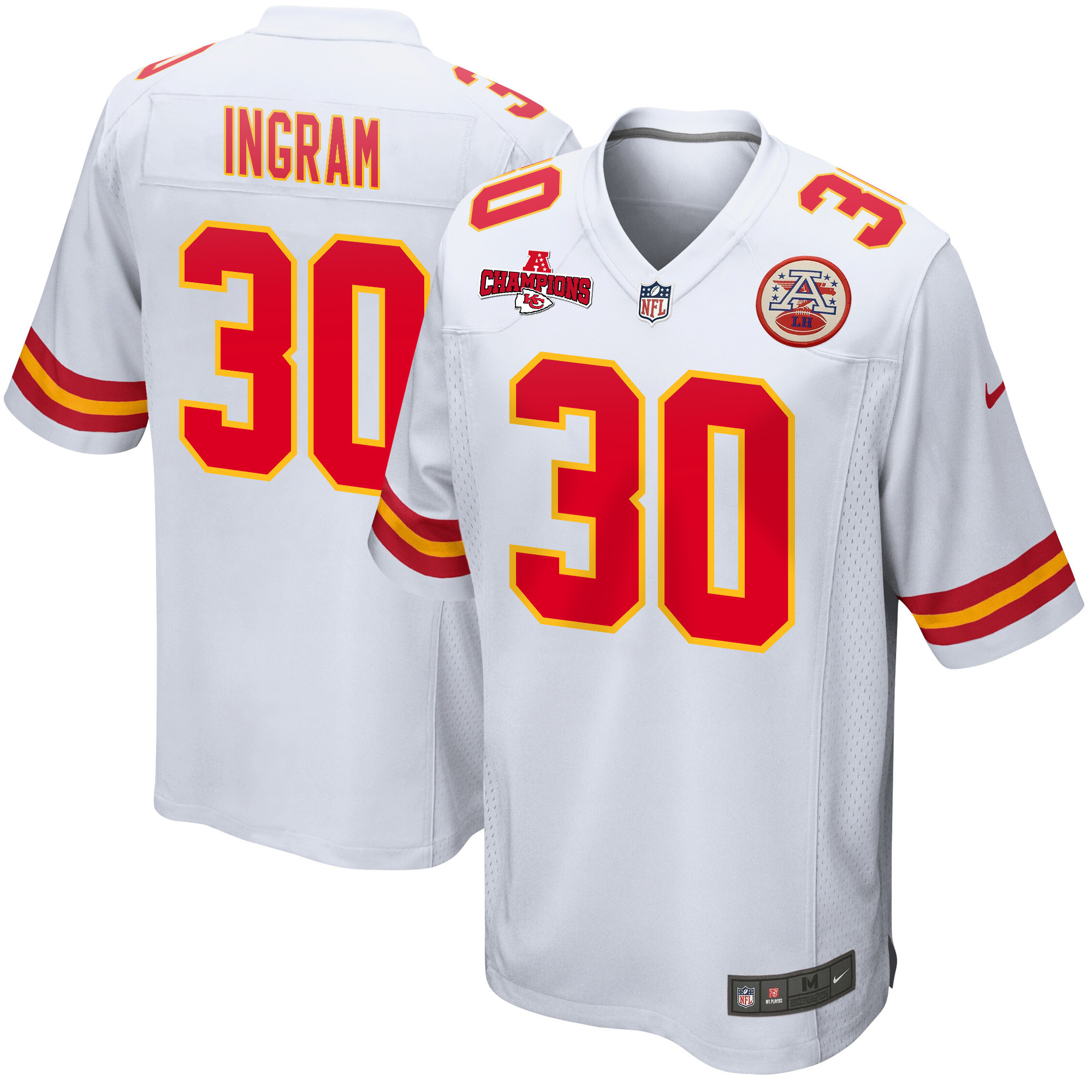 Keaontay Ingram 30 Kansas City Chiefs AFC Champions Patch Game Men Jersey - White JS6093 Saliibo