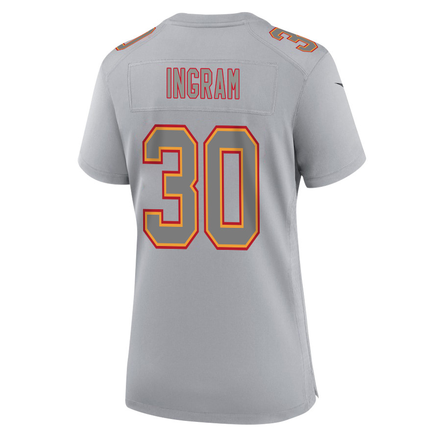 Keaontay Ingram 30 Kansas City Chiefs Super Bowl LVIII Champions 4 Stars Patch Atmosphere Fashion Game Women Jersey - Gray JS1125 Saliibo - Image 3