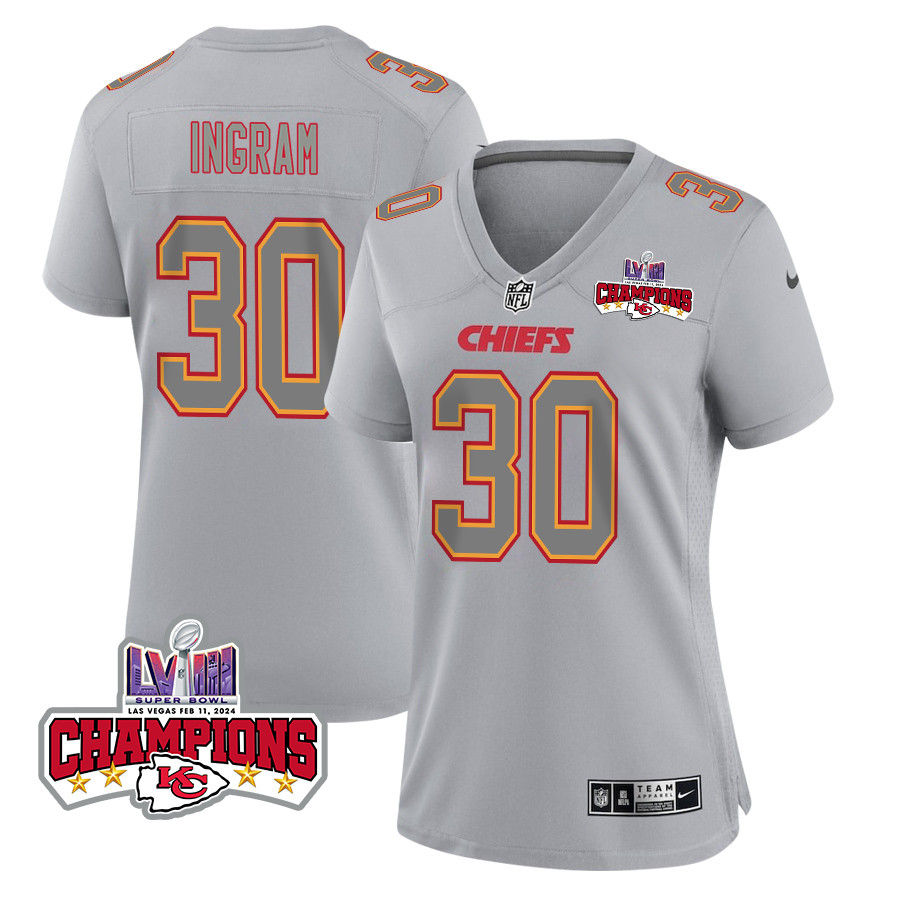 Keaontay Ingram 30 Kansas City Chiefs Super Bowl LVIII Champions 4 Stars Patch Atmosphere Fashion Game Women Jersey - Gray JS1125 Saliibo
