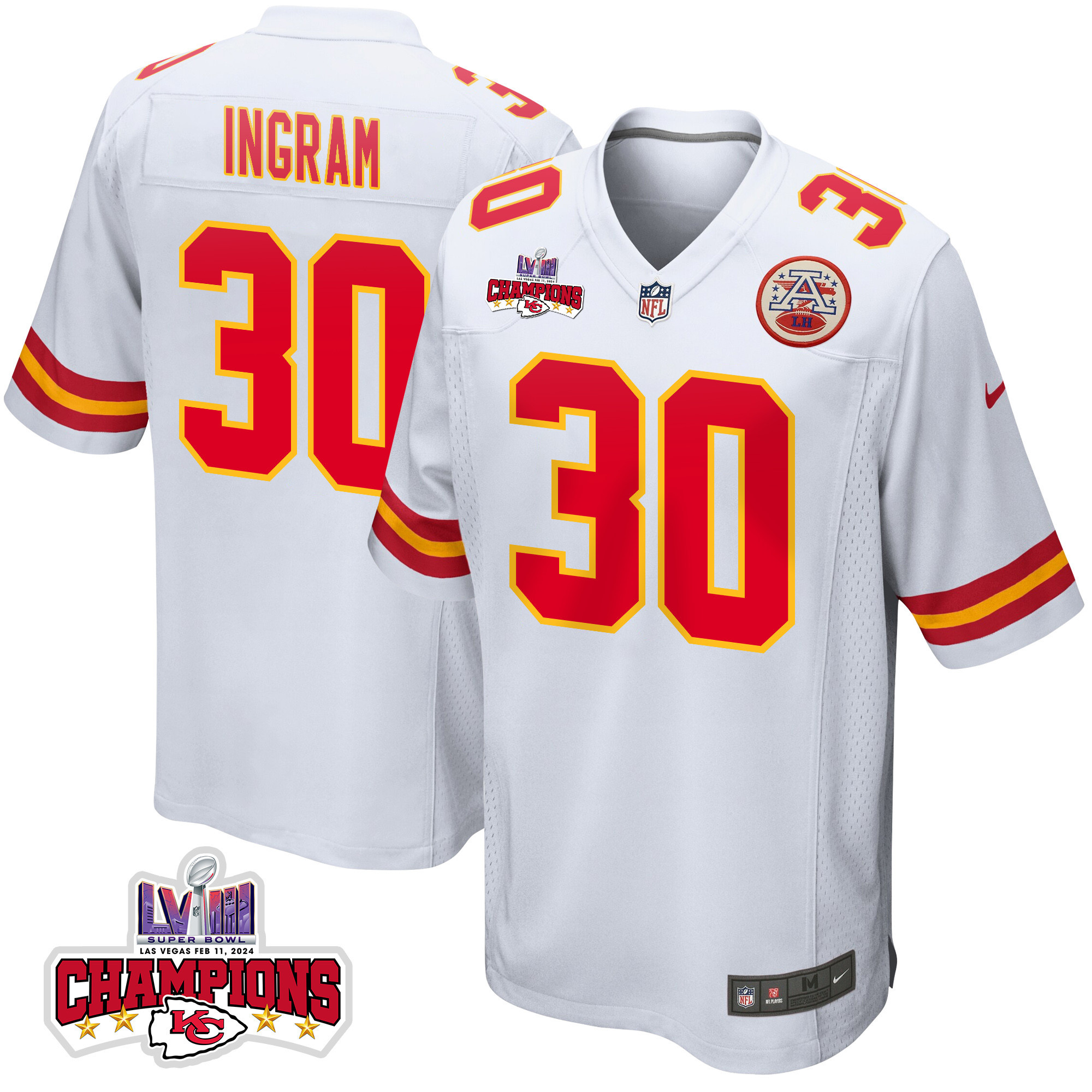 Keaontay Ingram 30 Kansas City Chiefs Super Bowl LVIII Champions 4 Stars Patch Game Men Jersey - White JS1610 Saliibo