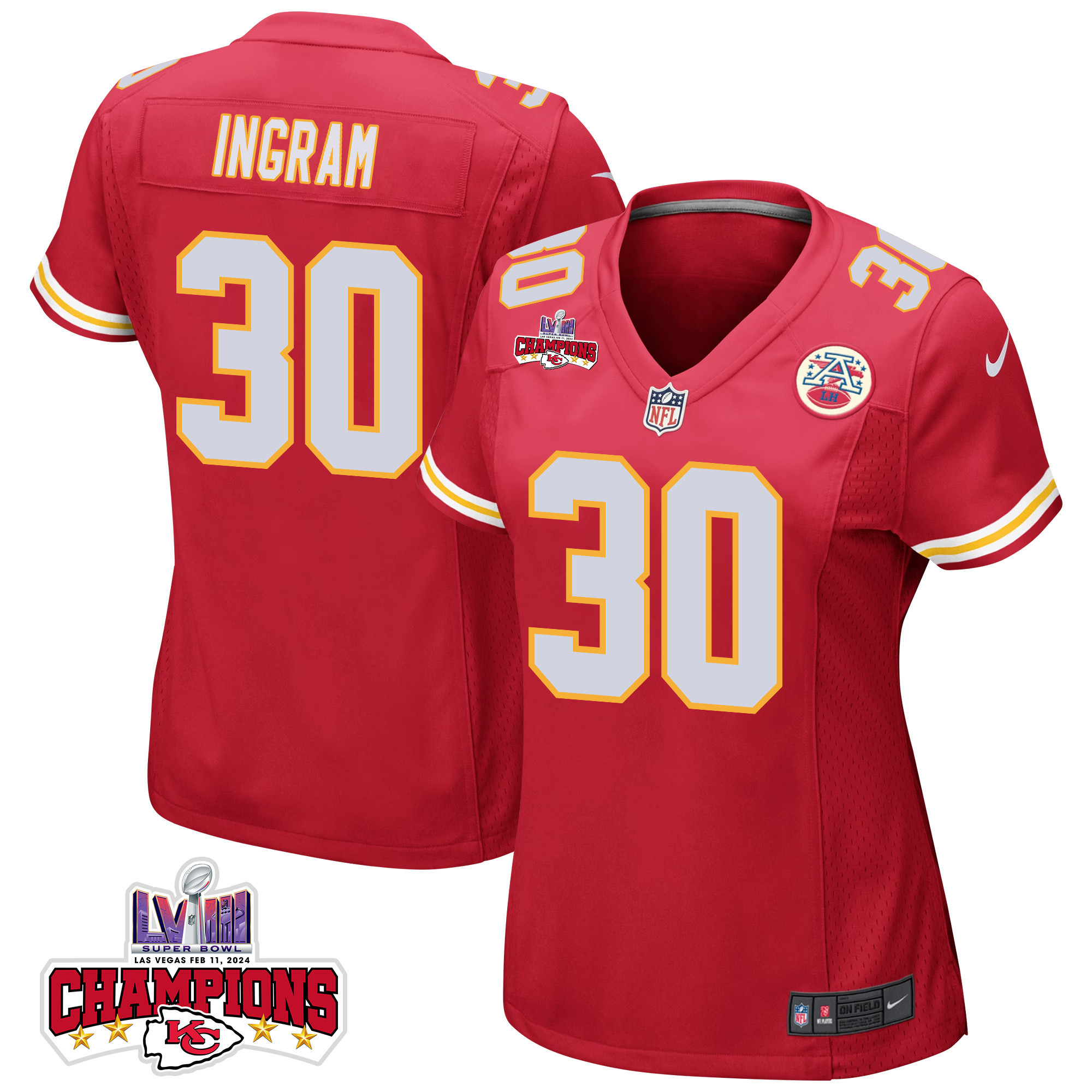 Keaontay Ingram 30 Kansas City Chiefs Super Bowl LVIII Champions 4 Stars Patch Game Women Jersey - Red JS2641 Saliibo