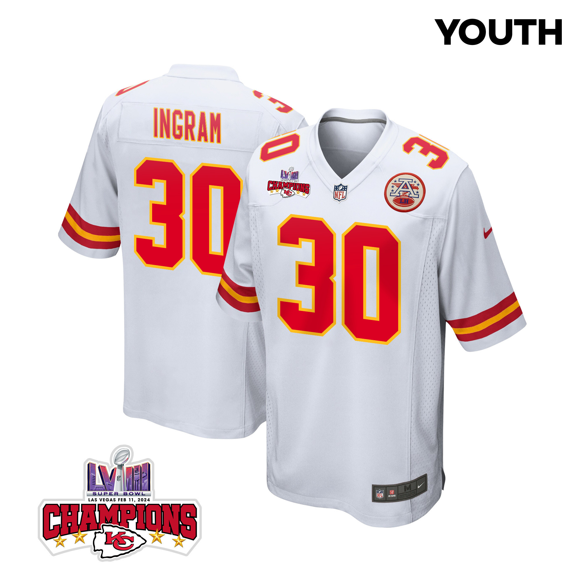 Keaontay Ingram 30 Kansas City Chiefs Super Bowl LVIII Champions 4 Stars Patch Game YOUTH Jersey - White JS1370 Saliibo