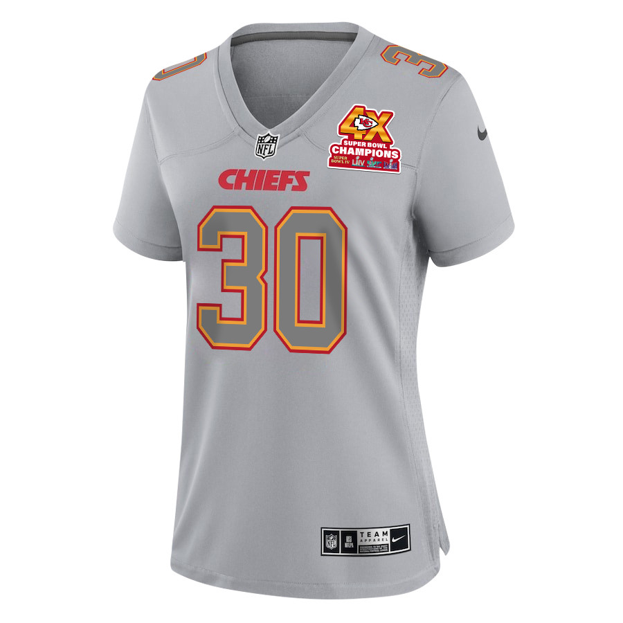 Keaontay Ingram 30 Kansas City Chiefs Super Bowl LVIII Champions 4X Atmosphere Fashion Game Women Jersey - Gray JS9985 Saliibo - Image 3