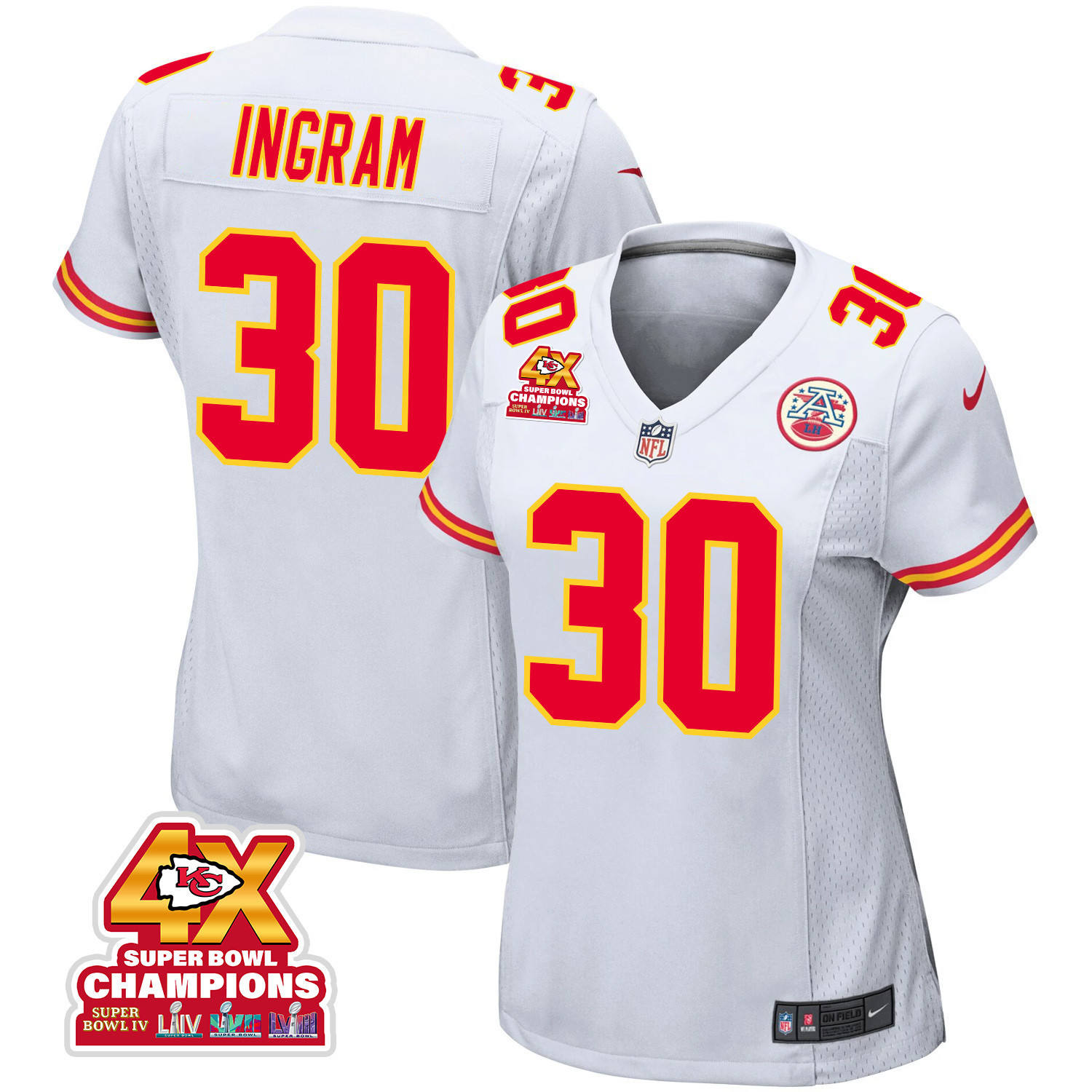 Keaontay Ingram 30 Kansas City Chiefs Super Bowl LVIII Champions 4X Game Women Jersey - White JS6273 Saliibo