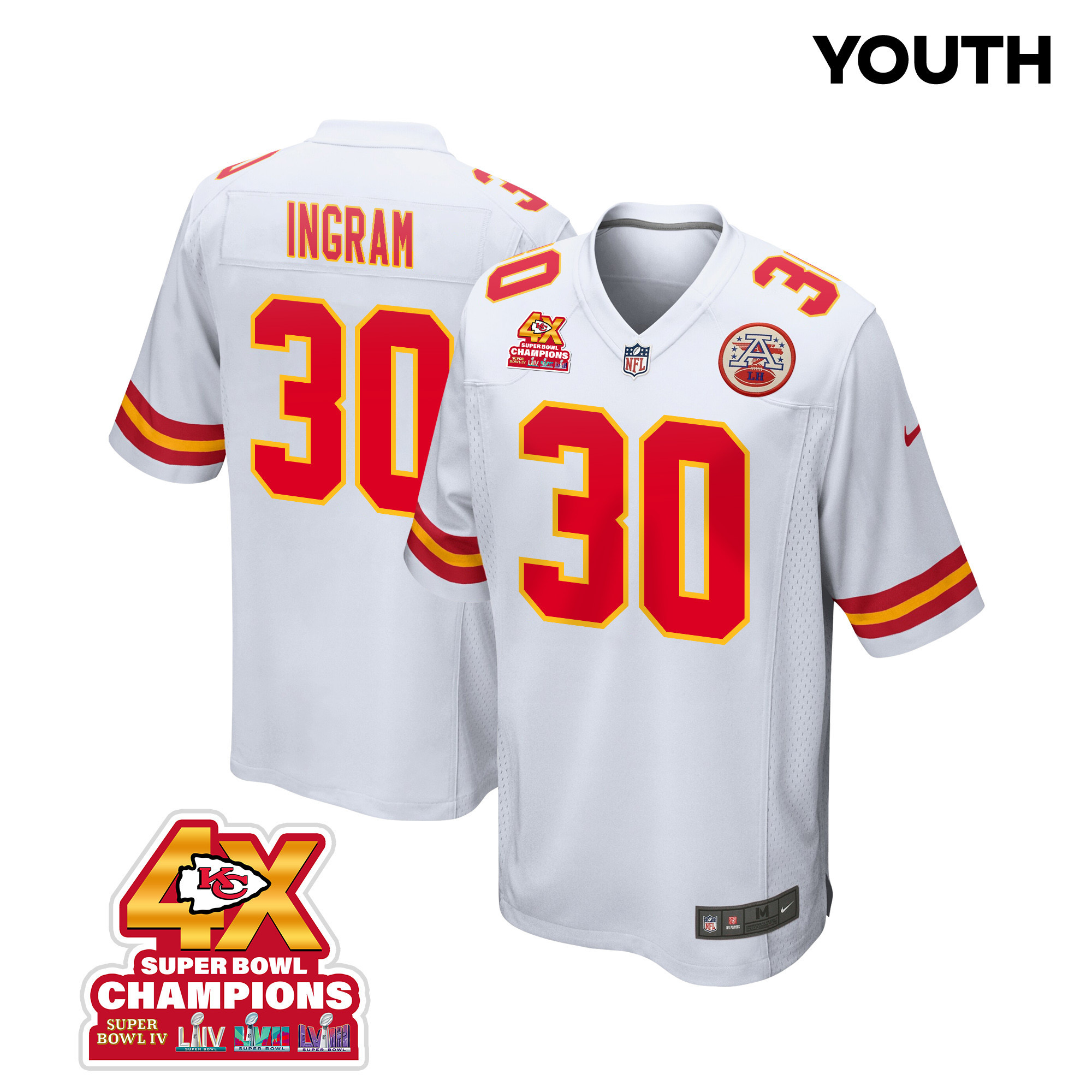 Keaontay Ingram 30 Kansas City Chiefs Super Bowl LVIII Champions 4X Game YOUTH Jersey - White JS1398 Saliibo