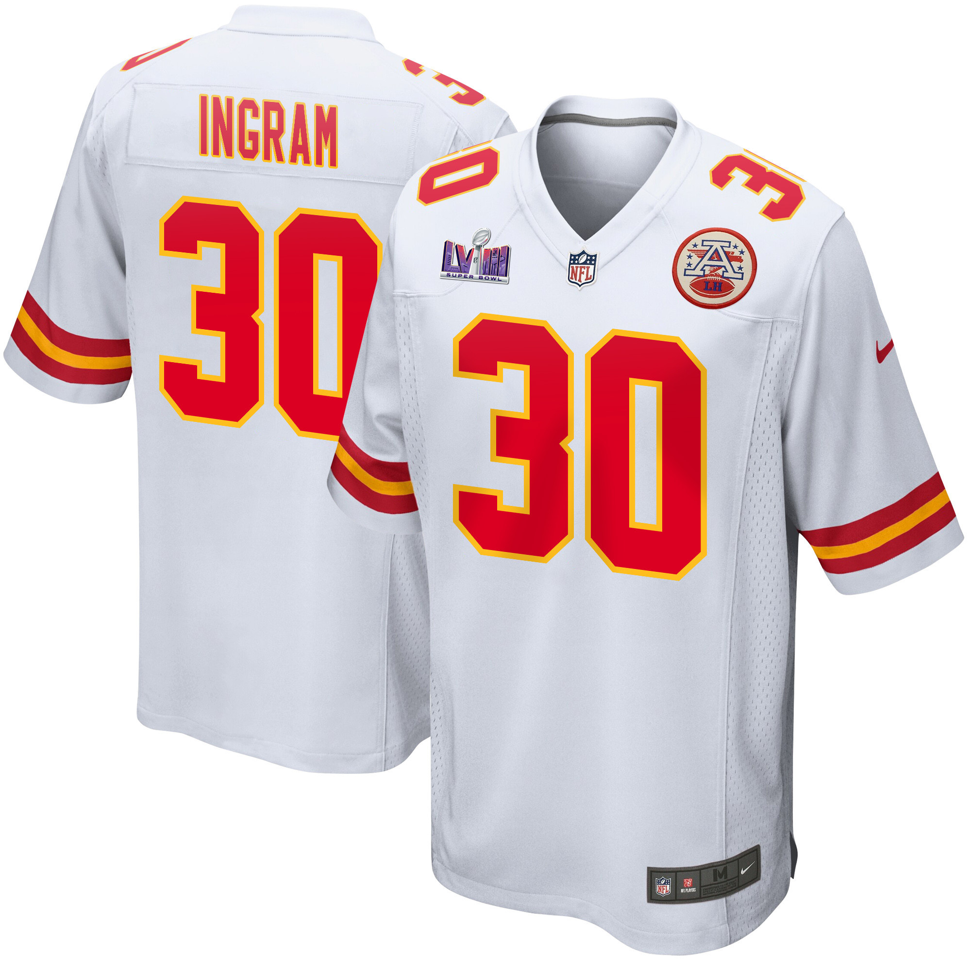 Keaontay Ingram 30 Kansas City Chiefs Super Bowl LVIII Patch Game Men Jersey - White JS9958 Saliibo