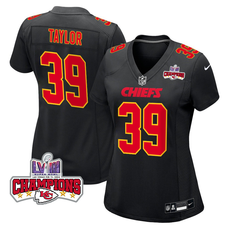 Keith Taylor 39 Kansas City Chiefs Super Bowl LVIII Champions 4 Stars Patch Fashion Game Women Jersey - Carbon Black JS7501 Saliibo