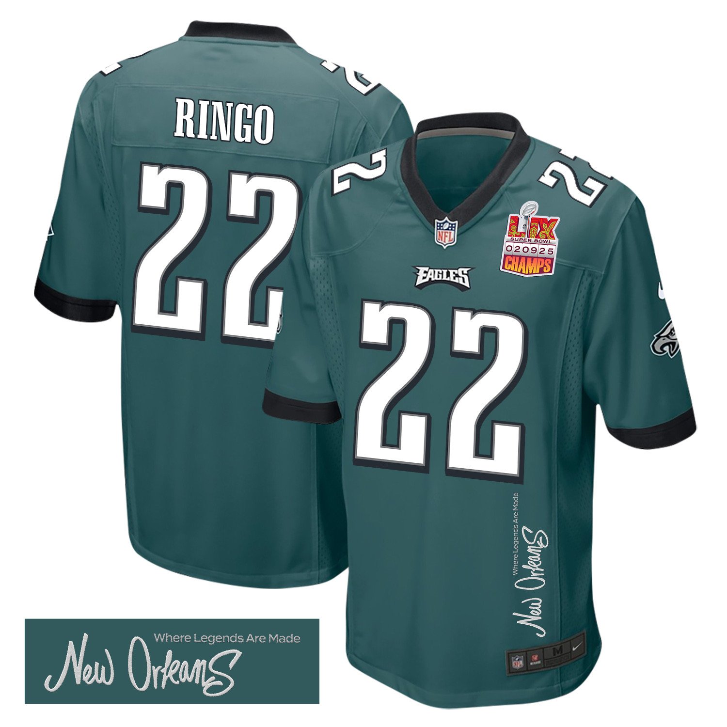 Kelee Ringo 22 Philadelphia Eagles Super Bowl LIX Champions Patch 'New Orleans - Where Legends Are Made' EMBROIDERED Game Men Jersey - Midnight Green JS8155 Saliibo