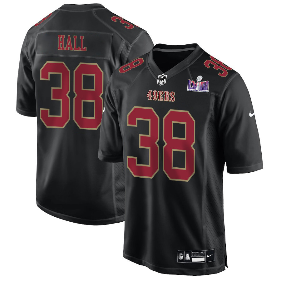 Kemon Hall 38 San Francisco 49ers Super Bowl LVIII Patch Fashion Game Men Jersey - Carbon Black JS8884 Saliibo