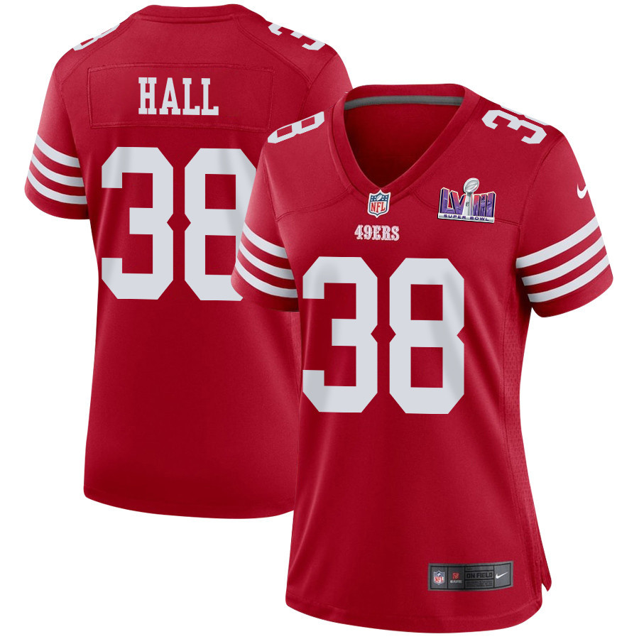 Kemon Hall 38 San Francisco 49ers Super Bowl LVIII Patch Game Women Jersey - Scarlet JS4240 Saliibo