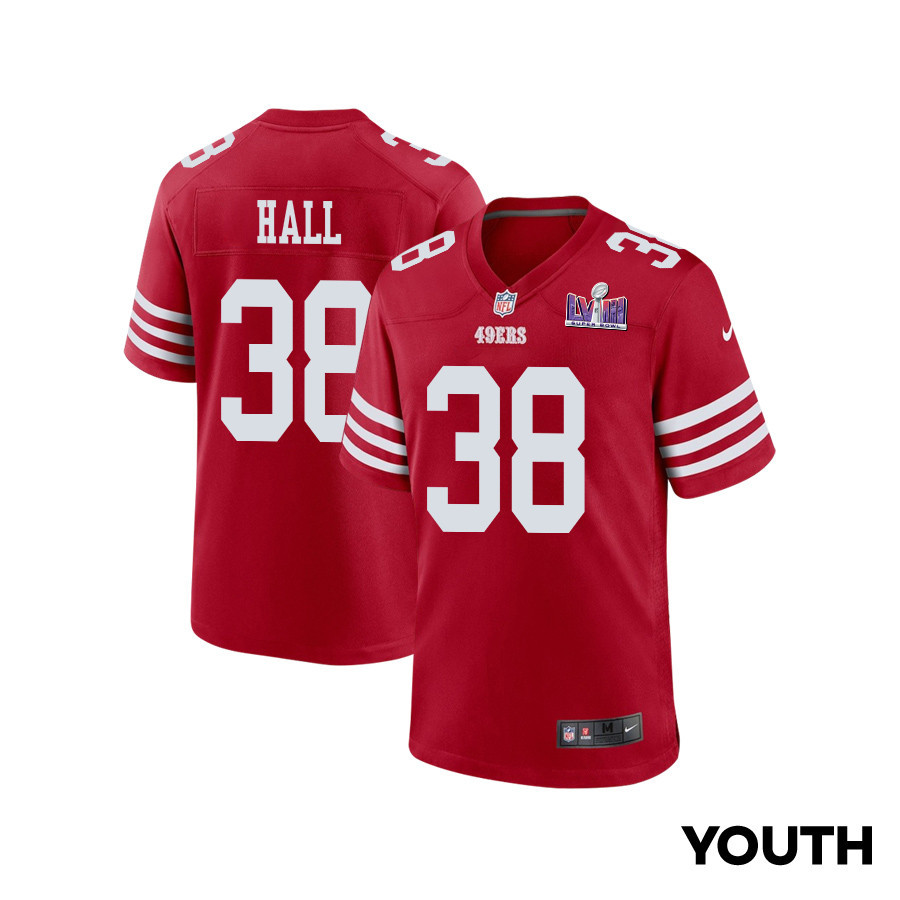 Kemon Hall 38 San Francisco 49ers Super Bowl LVIII Patch Game YOUTH Jersey - Scarlet JS1621 Saliibo