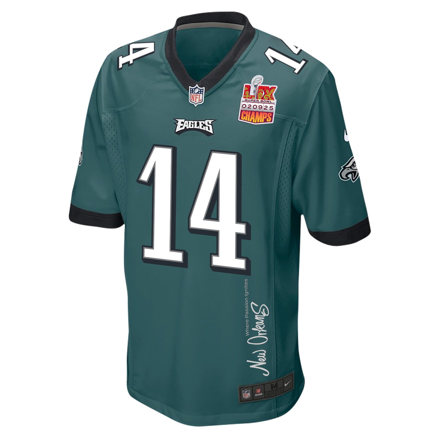 Kenneth Gainwell 14 Philadelphia Eagles Super Bowl LIX Champions Patch 'New Orleans - Where Passion Ignites' EMBROIDERED Game Men Jersey - Midnight Green JS2873 Saliibo - Image 3