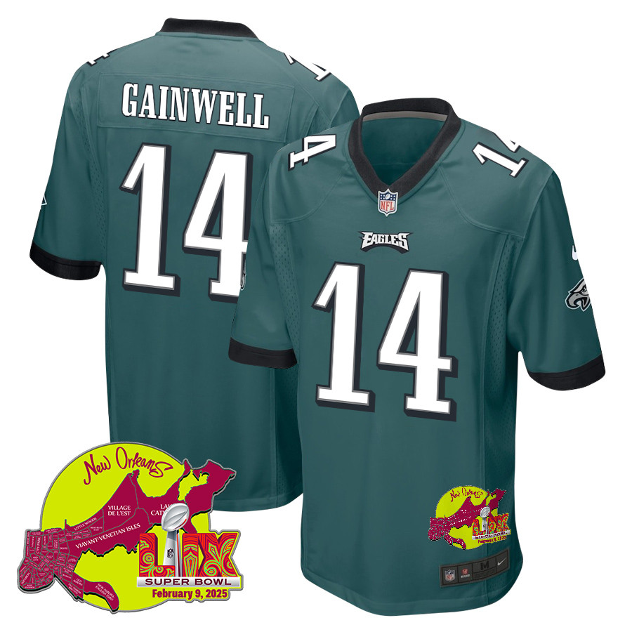 Kenneth Gainwell 14 Philadelphia Eagles Super Bowl LIX New Orleans Patch Game Men Jersey - Midnight Green JS5779 Saliibo