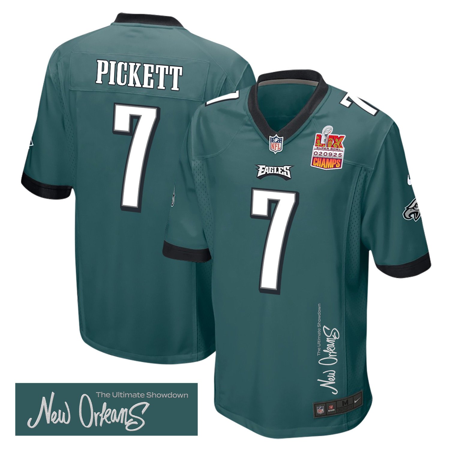 Kenny Pickett 7 Philadelphia Eagles Super Bowl LIX Champions Patch 'New Orleans - The Ultimate Showdown' EMBROIDERED Game Men Jersey - Midnight Green JS8422 Saliibo