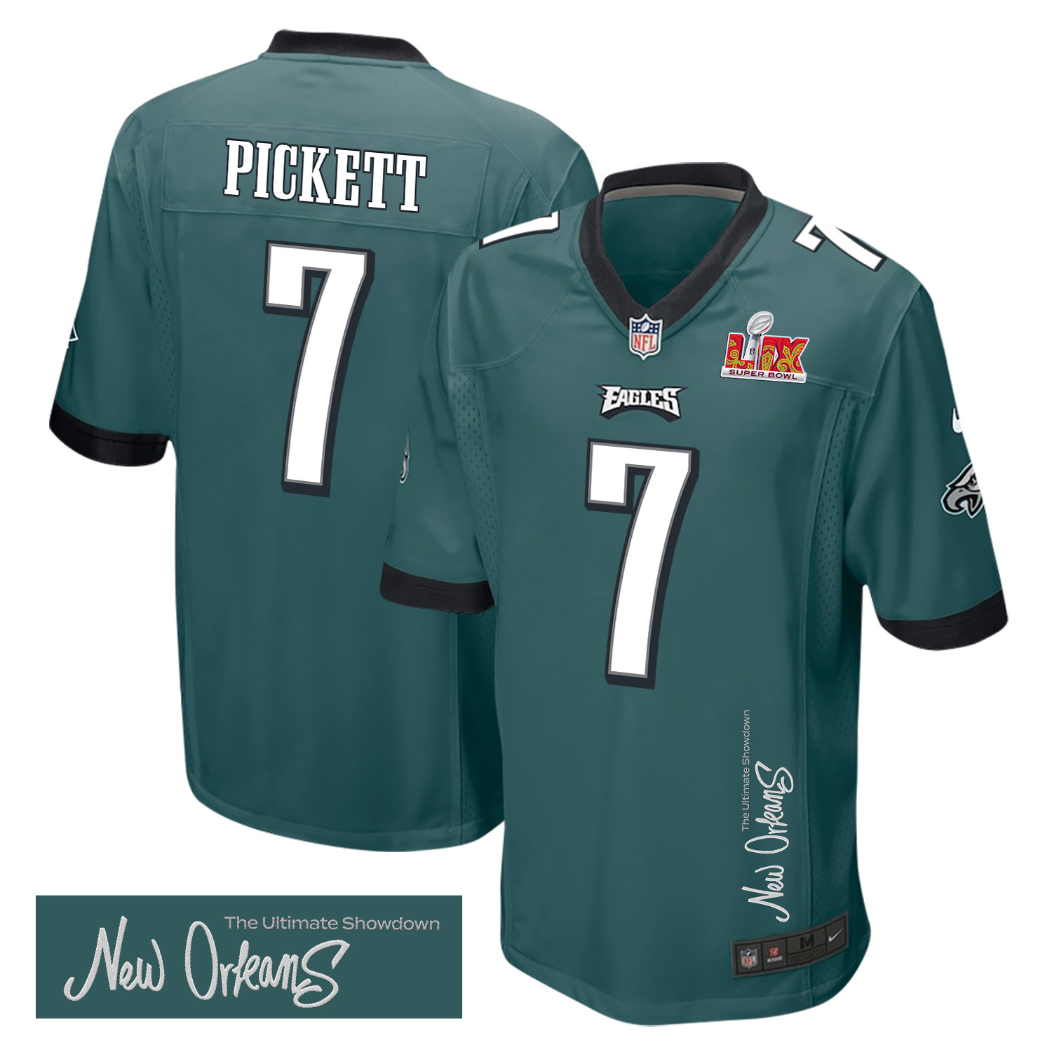 Kenny Pickett 7 Philadelphia Eagles Super Bowl LIX 'New Orleans - The Ultimate Showdown' EMBROIDERED Game Men Jersey - Midnight Green JS1780 Saliibo